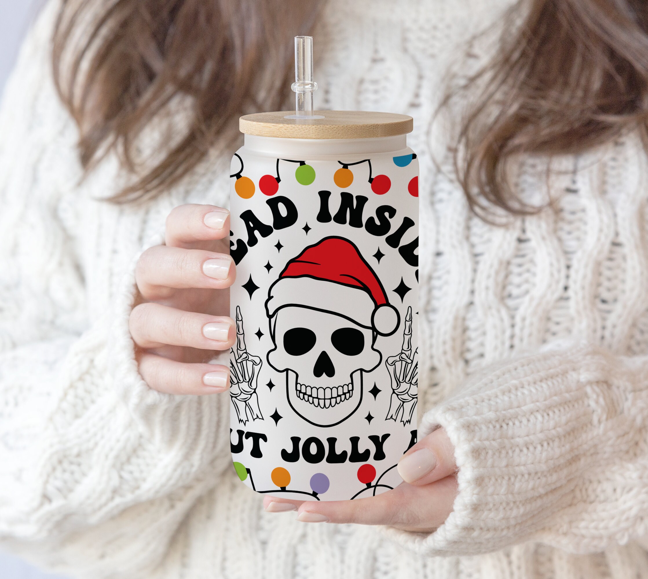 16 oz Libbey Glass Can Sublimation Dead Inside But Jolly AF | Christmas light Svg Png | Skeleton Christmas Vintage Christmas Quote | Digital