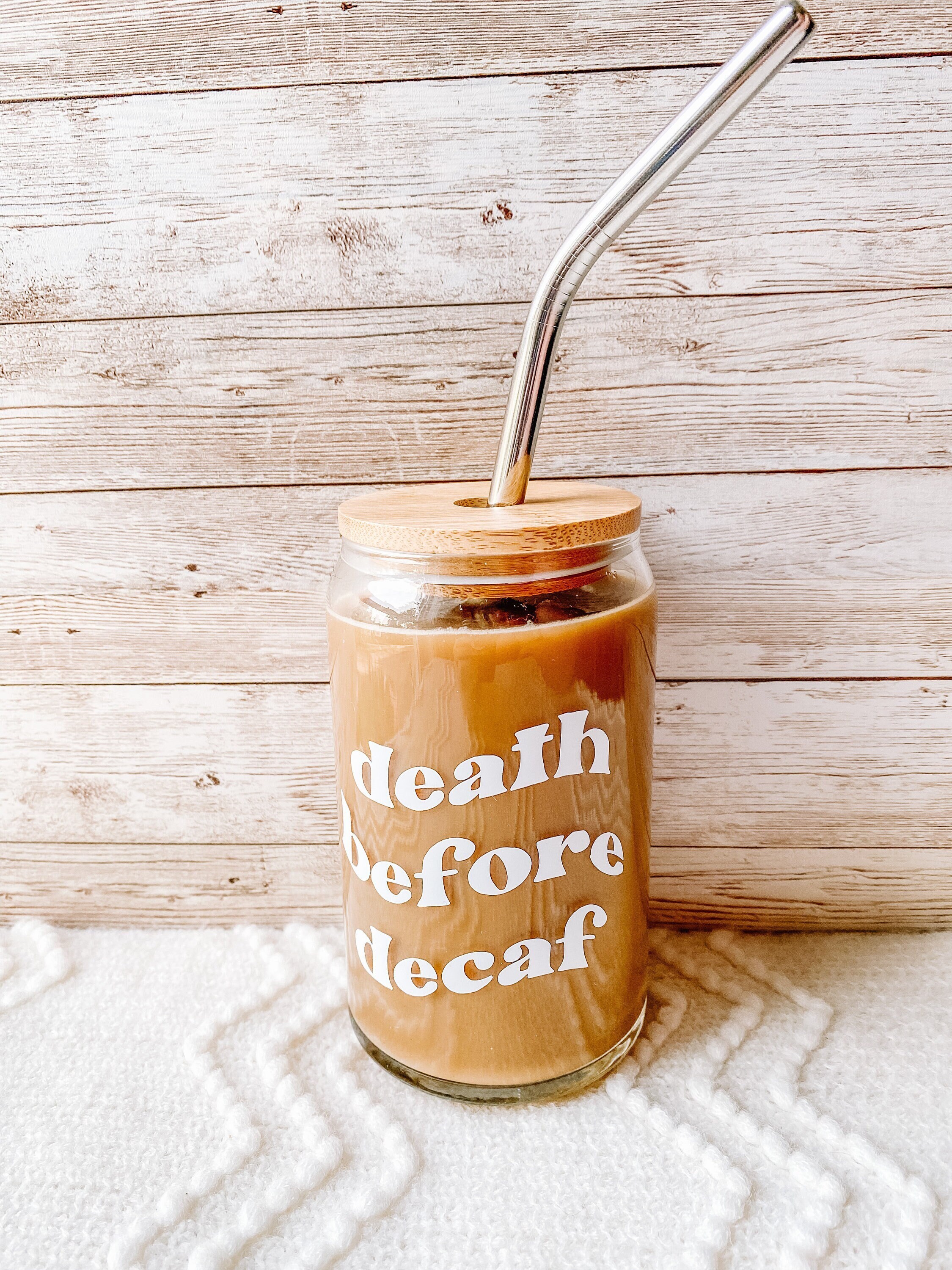 Death Before Decaf Coffee Glass, Retro Iced Coffee Glass, Coffee Glass with Bamboo Lid, Beer Can Glass, Boho Glass Can, Aesthetic Glass Can