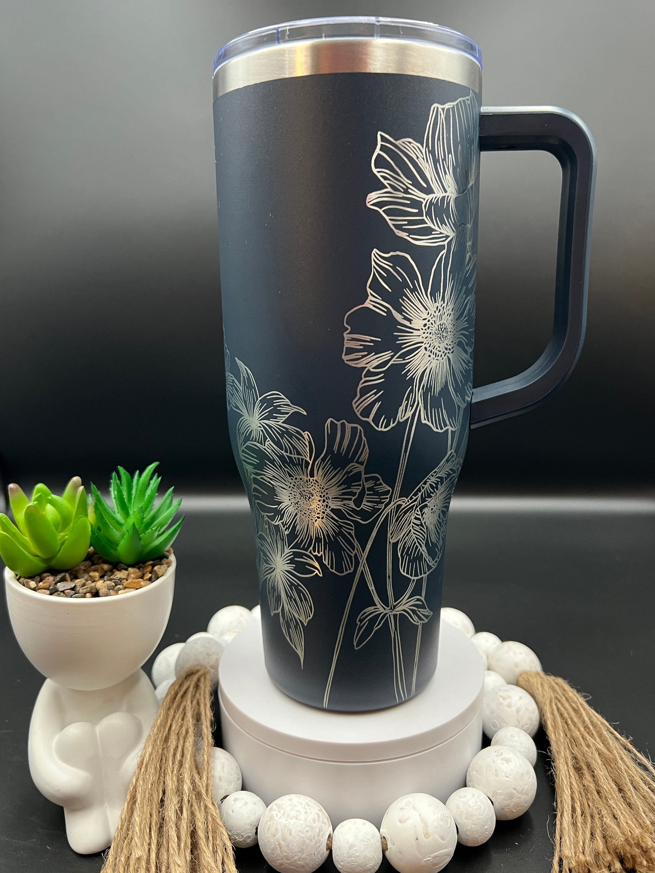 Wildflowers Floral Laser Engraved 40oz Tumbler with Handle Lid and Straw, Custom Engraved Seamless Tumbler, Double Wall Insulated Cup