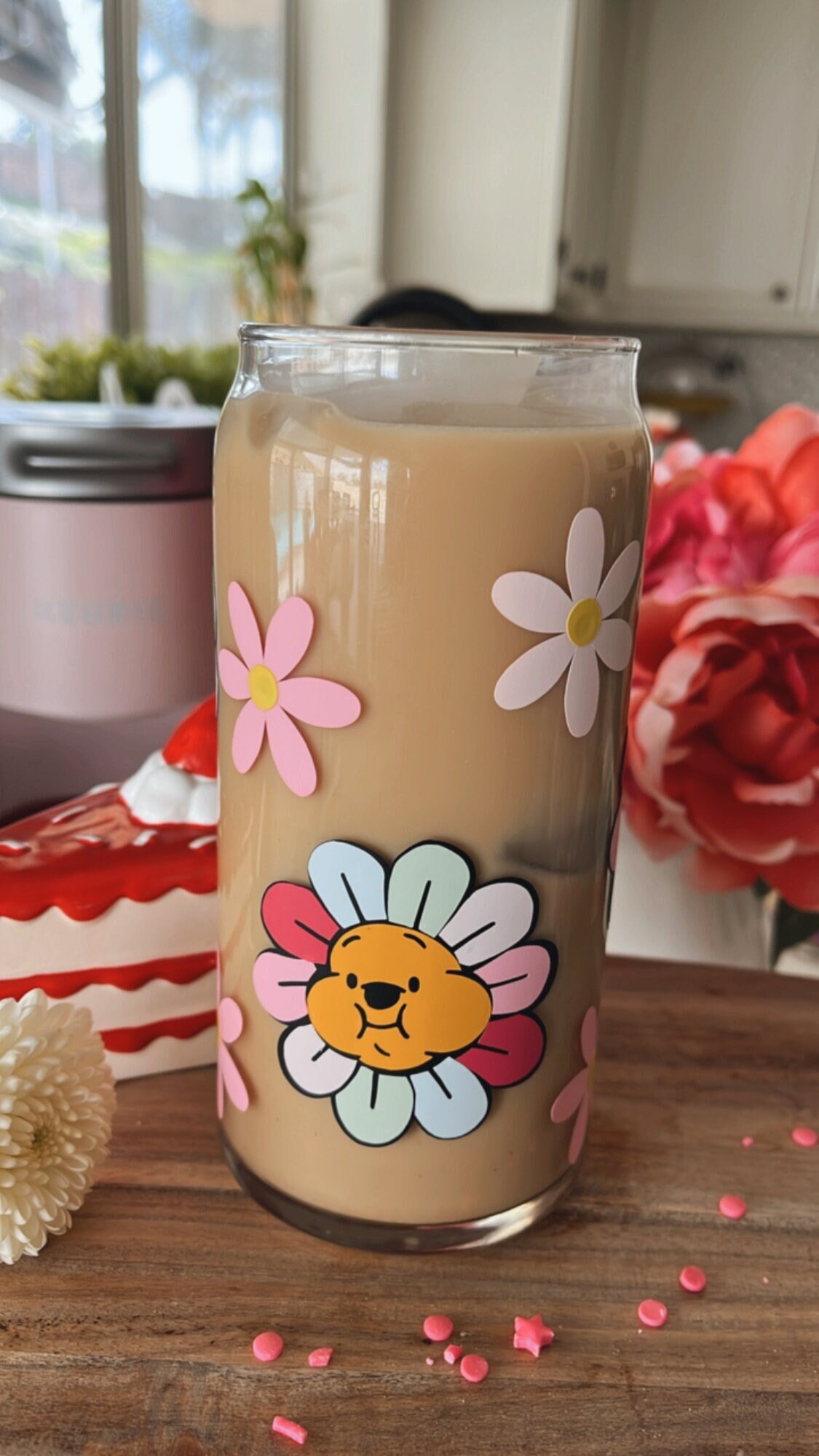 Floral Glass Cup | Iced Coffee Cup with Lid and Straw