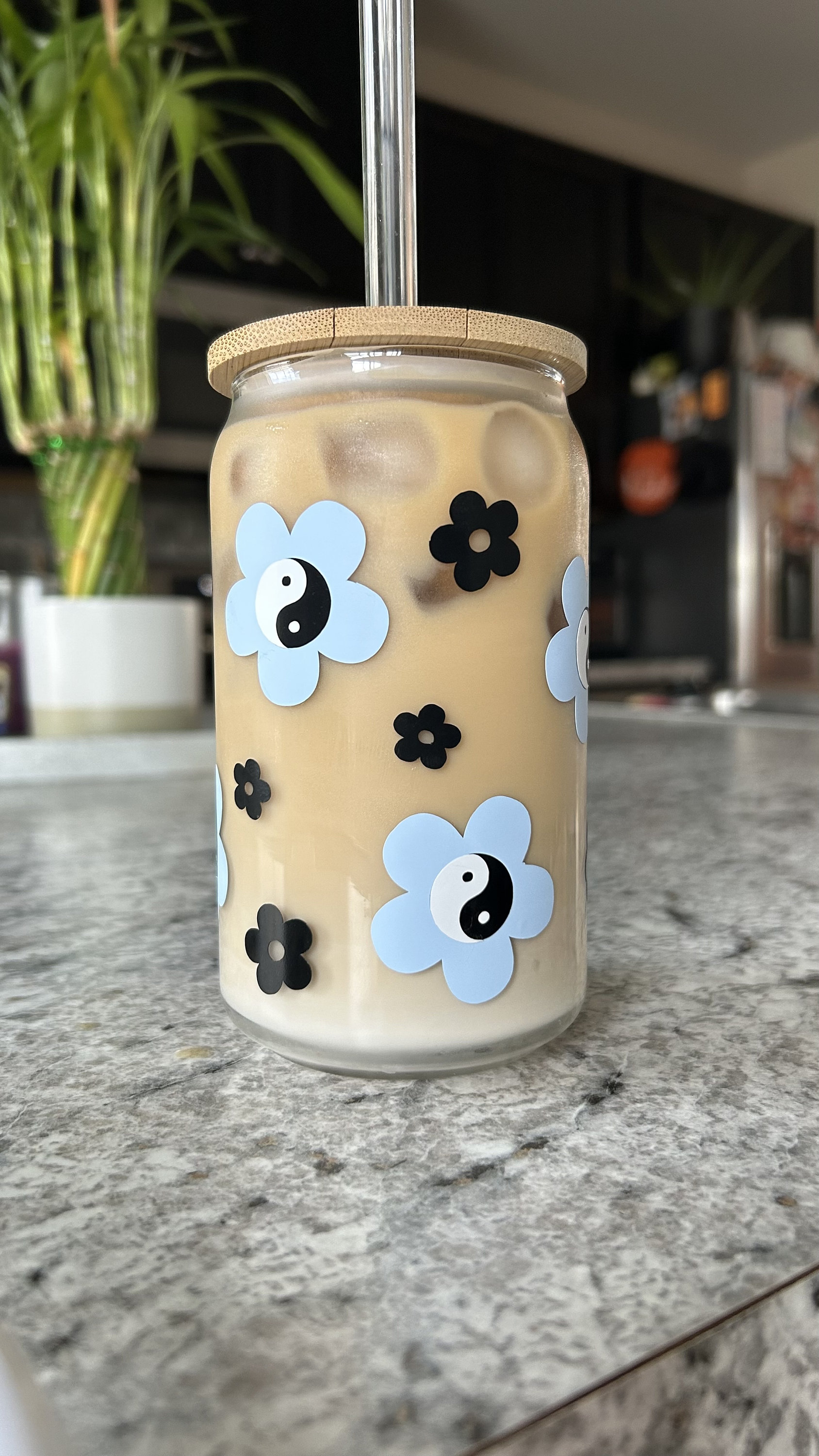 Yin Yang Flower Cup | Iced Coffee Glass with Straw | Glass Can | Flower Cup | Yin Yang Tumbler with Straw | Cute Gift Idea