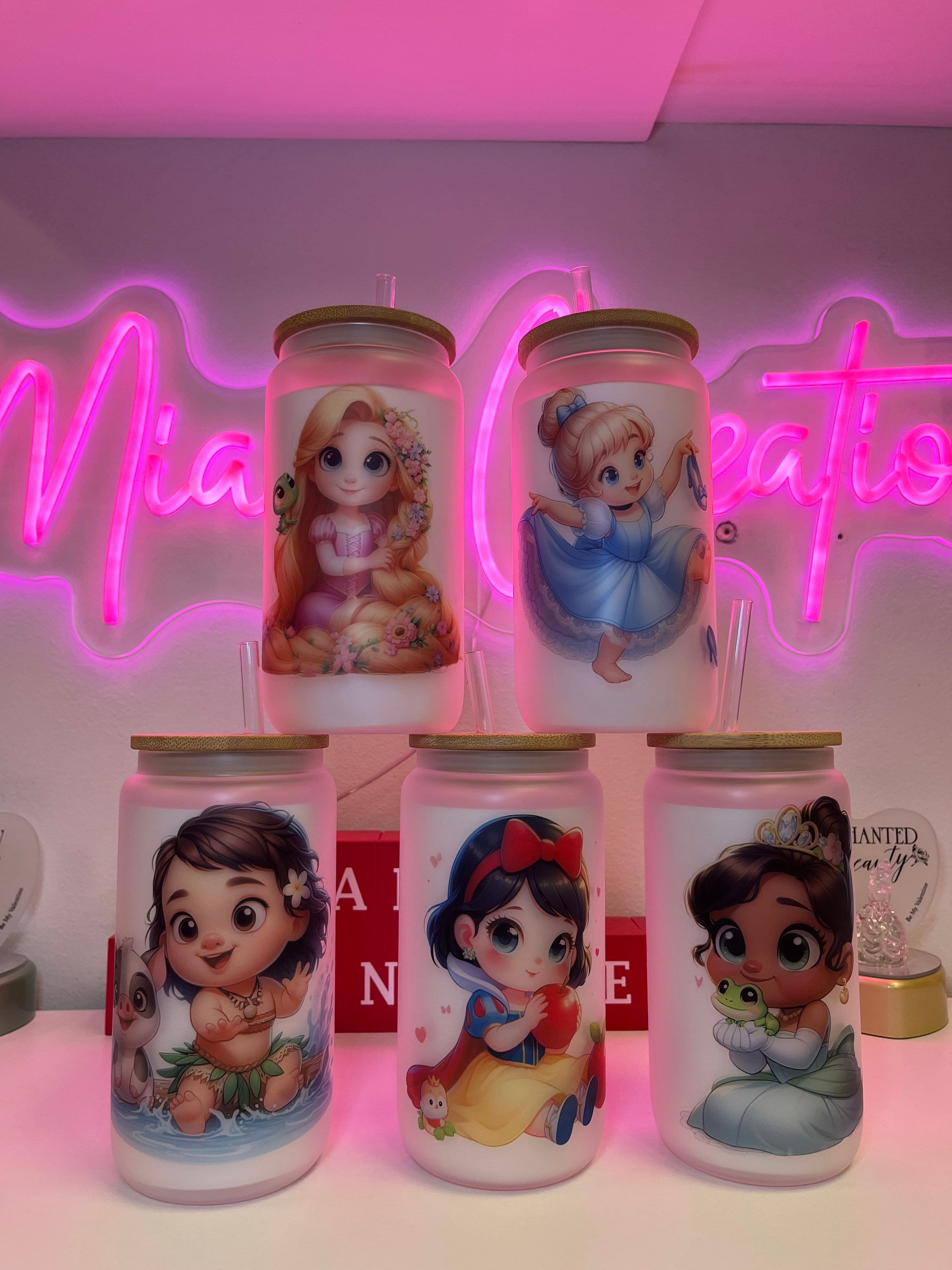 Princess Tiana glass can, Princess Cinderella glass can, Princess Snow White glass can, princess Moana glass can, Princess Rapunzel glass