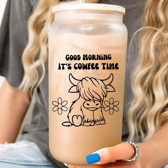 Good Morning It’s Cowfee Time Glass Tumbler With Straw and Lid, Highlander Cow, Farm Life Coffee Mug