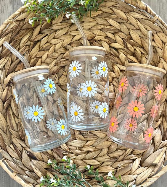 Daisy Glass Cup, Flower Glass Cup, Iced Coffee Cup, Libbey Glass Cup, Spring Cup, Cute Glass Cup