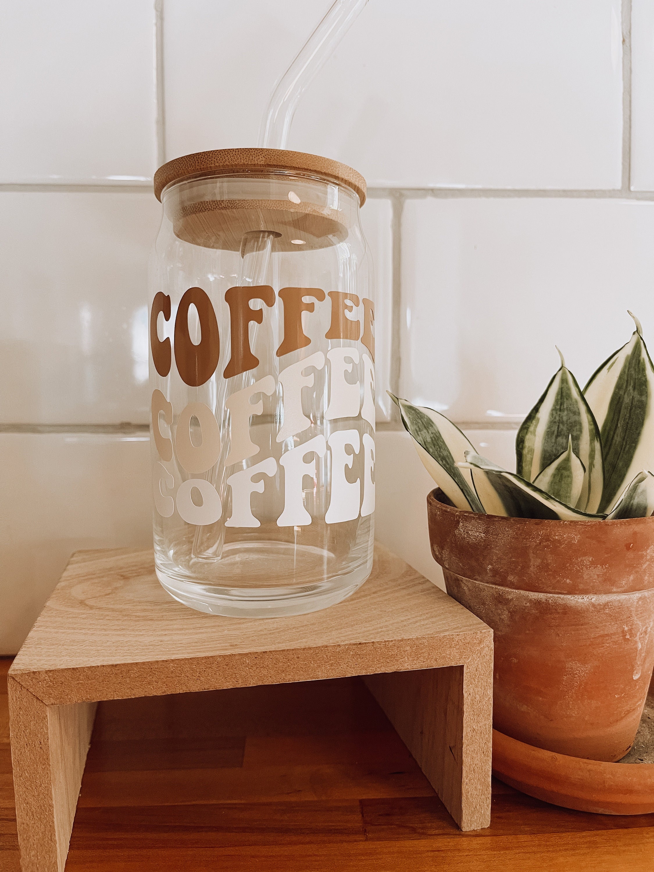 COFFEE COFFEE COFFEE Iced Coffee Glass with Bamboo Lid & Glass Straw 16 oz | Beer Can Glass, Cup, Coffee, Neutral, Aesthetic, Tumbler