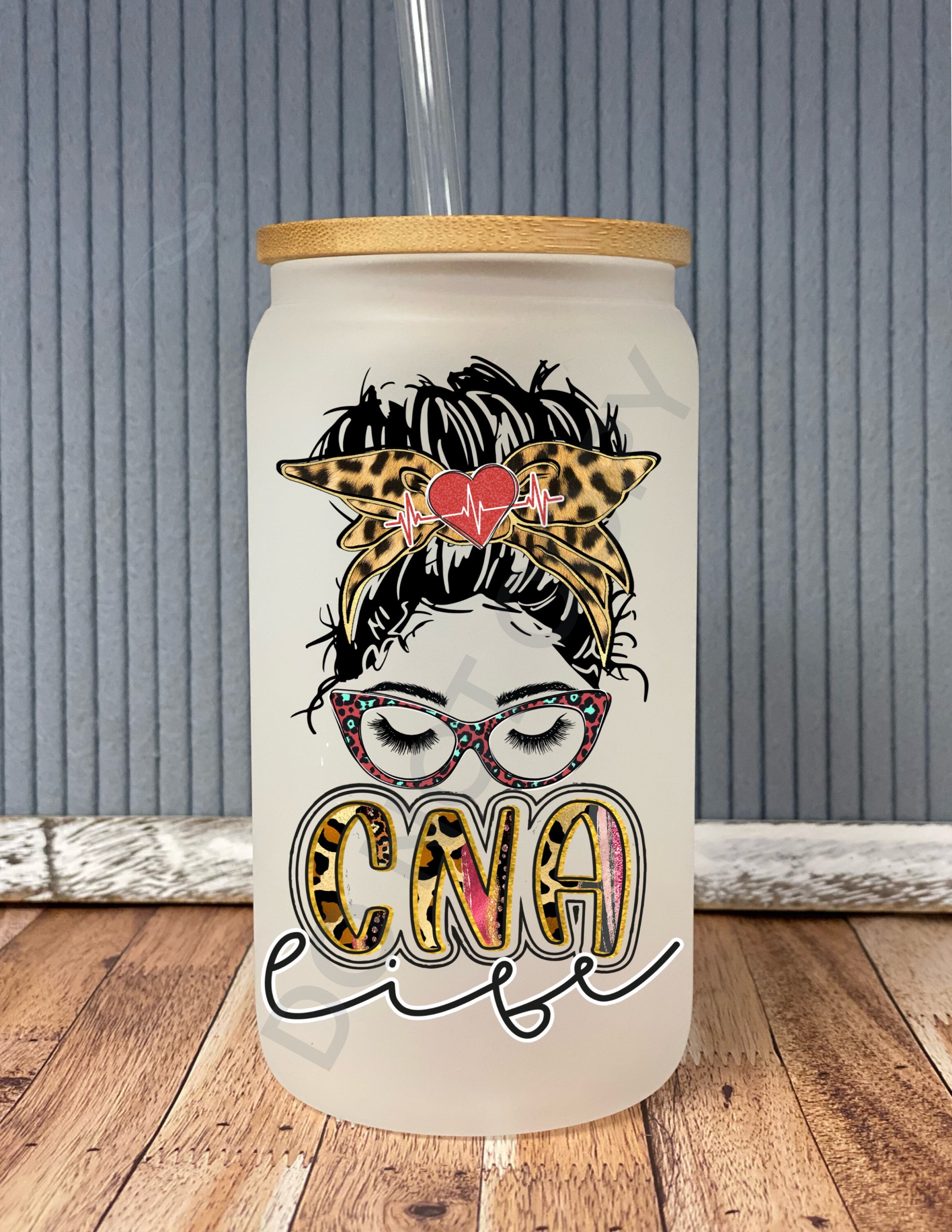 CNA life- frosted can shaped glass with lid and straw