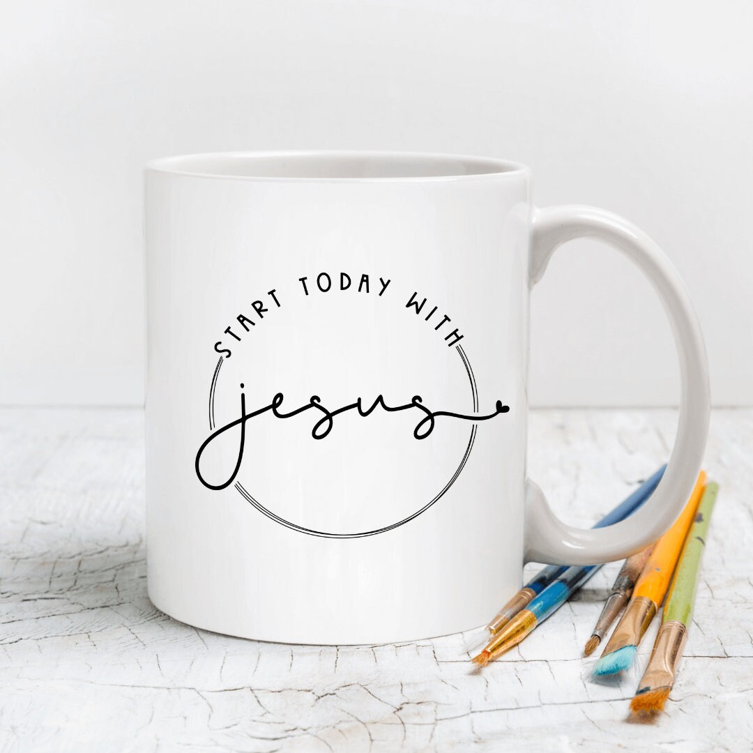 Start Today with Jesus – Inspirational Coffee Mug with Feminine Font – Jesus gift idea