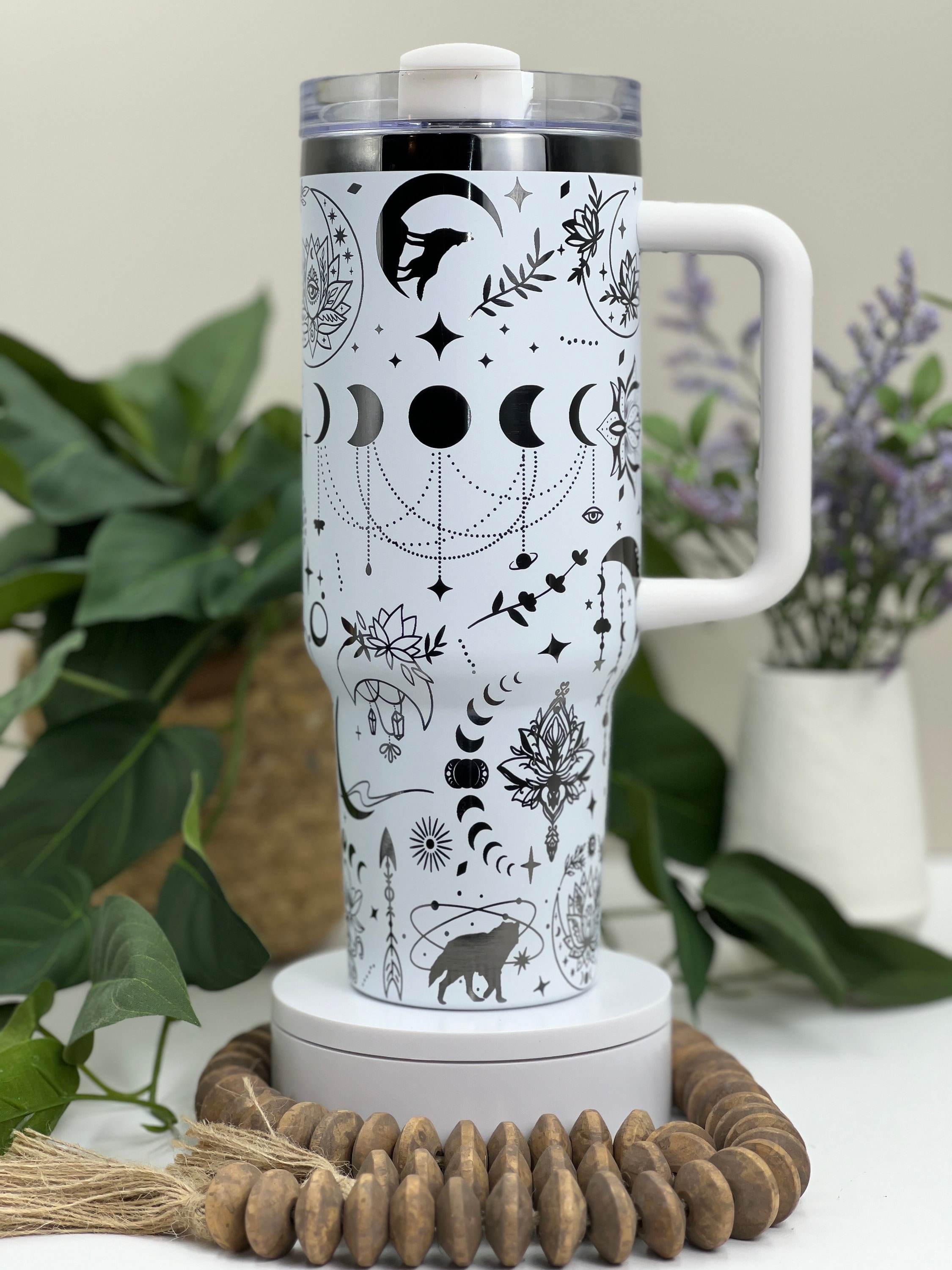 Boho Wolves Moons Lotus Laser Engraved 40oz Tumbler with Handle Lid and Straw, Custom Engraved Seamless Tumbler, Double Wall Insulated Cup