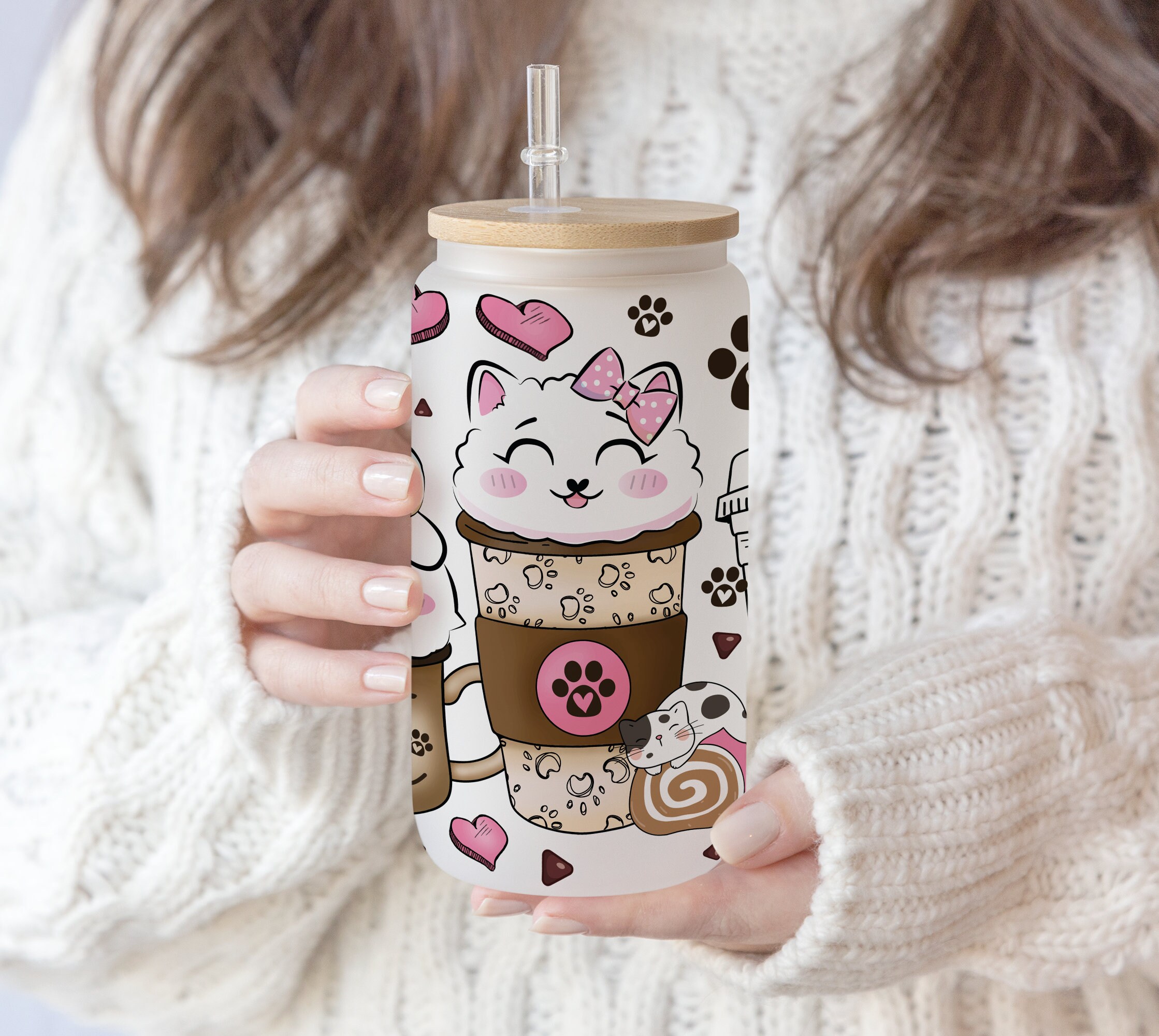 16 oz Libbey Beer Glass Can Hand drawn Cat Mom Cats lover Coffee Valentine Cat Mom coffee lover Cat Christmas Xmas Coffee Cat Pen wrap