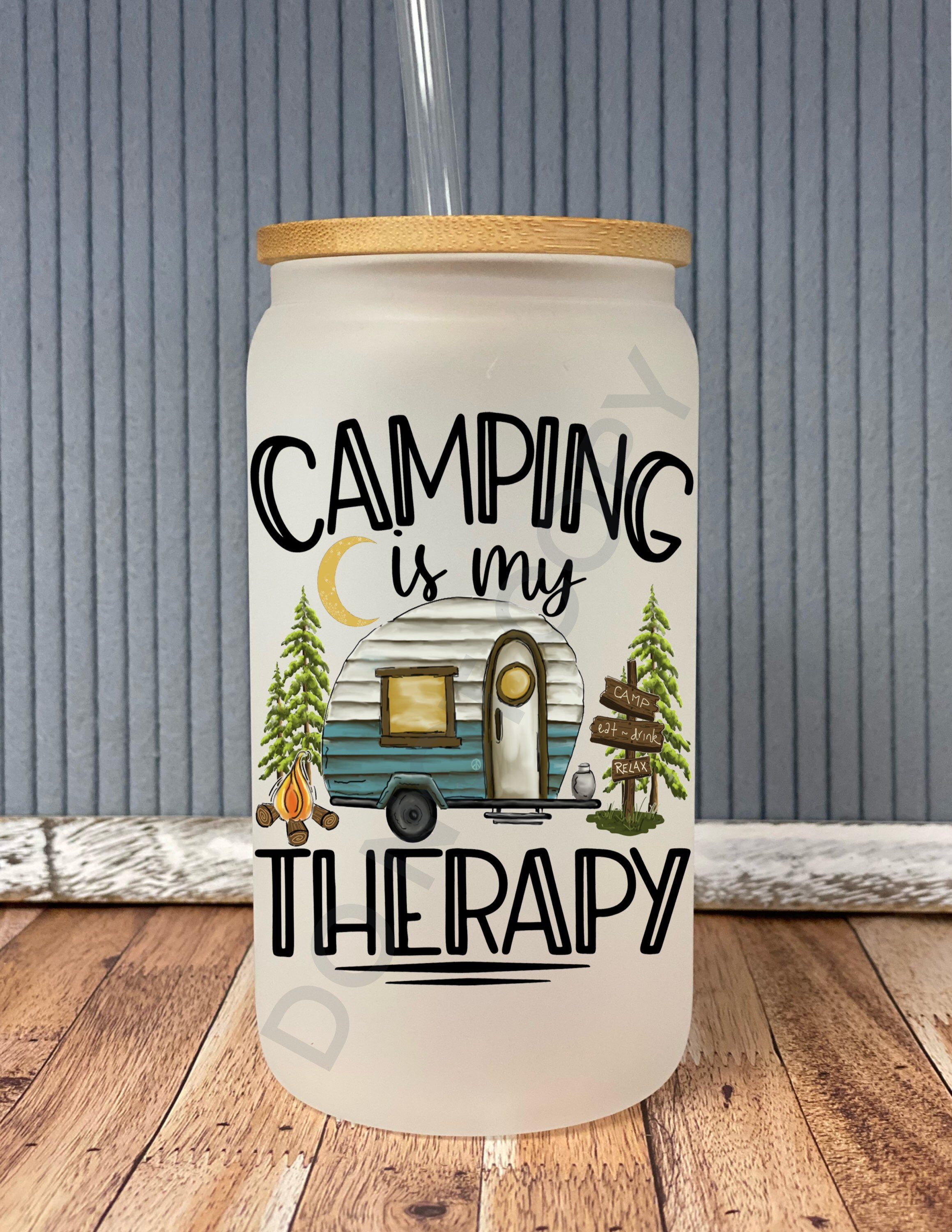 Camping is my therapy- frosted can shaped glass with lid and straw