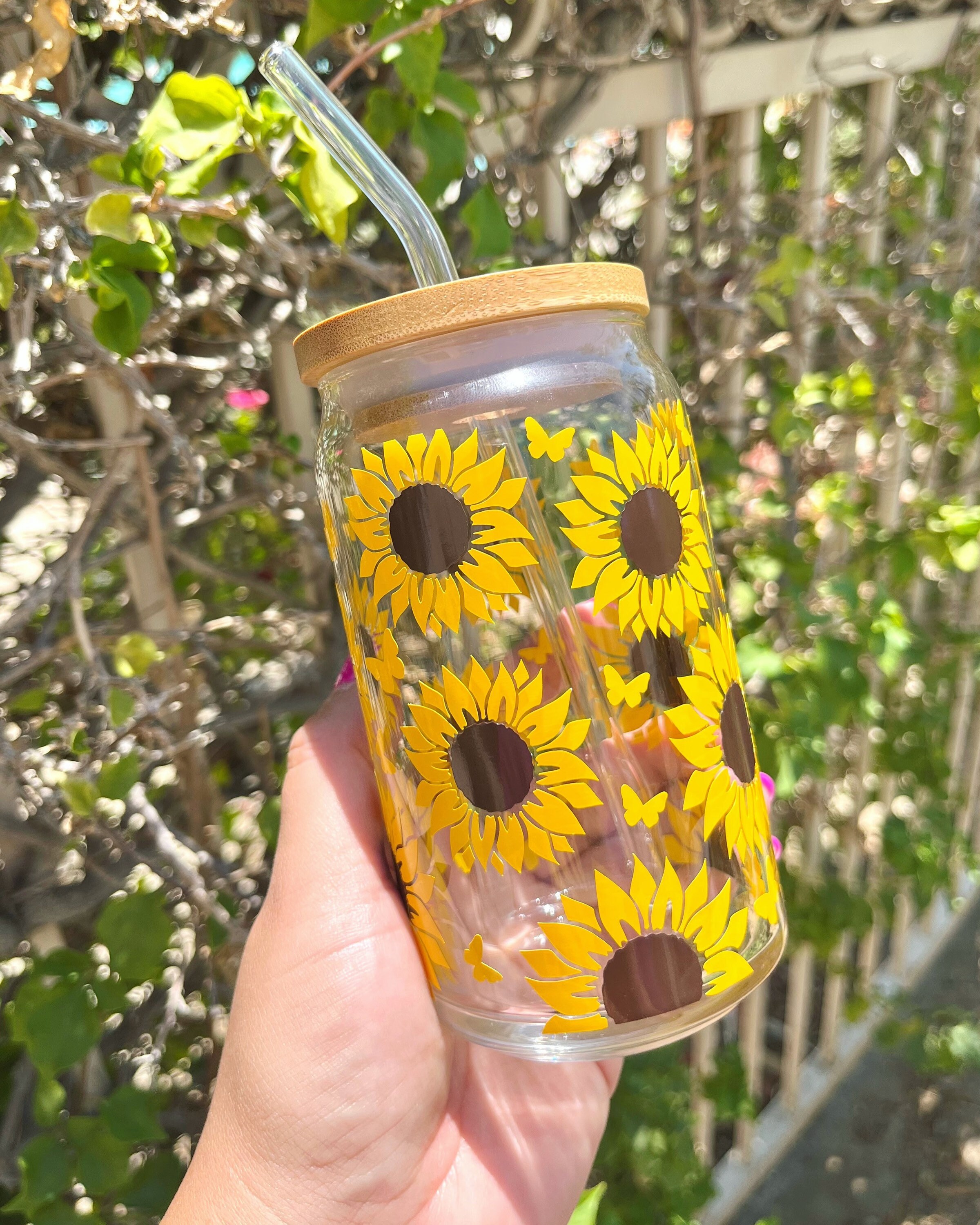 Sunflower and Butterfly Glass Cup / Sunflowers Cup / Butterflies Cup / Libbey Glass Cup / Cute Glass Cup / Iced Coffee Cup