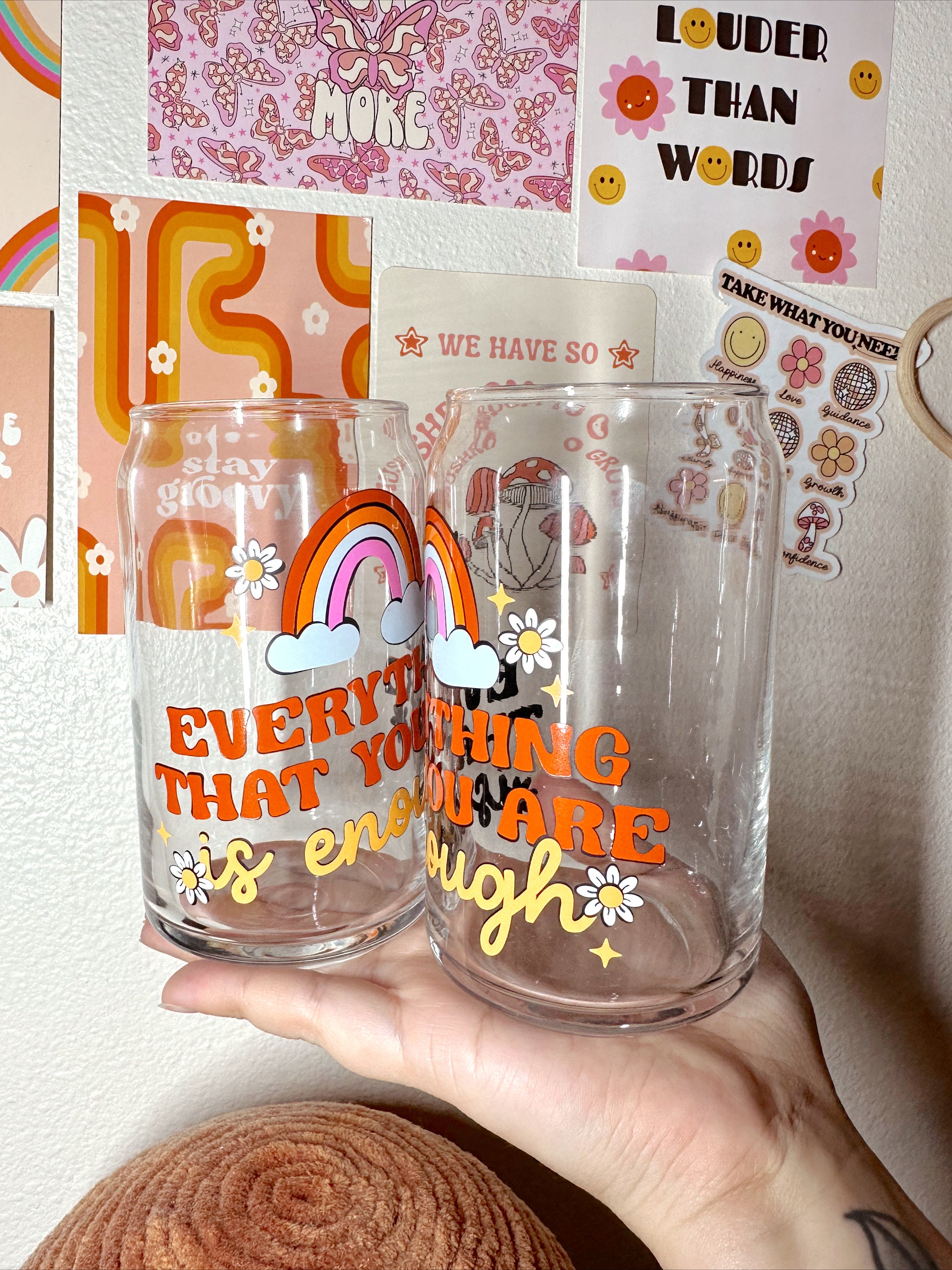 Everything That You Are Is Enough Glass Cup, Mental Health Glass Cup, Rainbow Glass Cup, Trendy Glass Cup