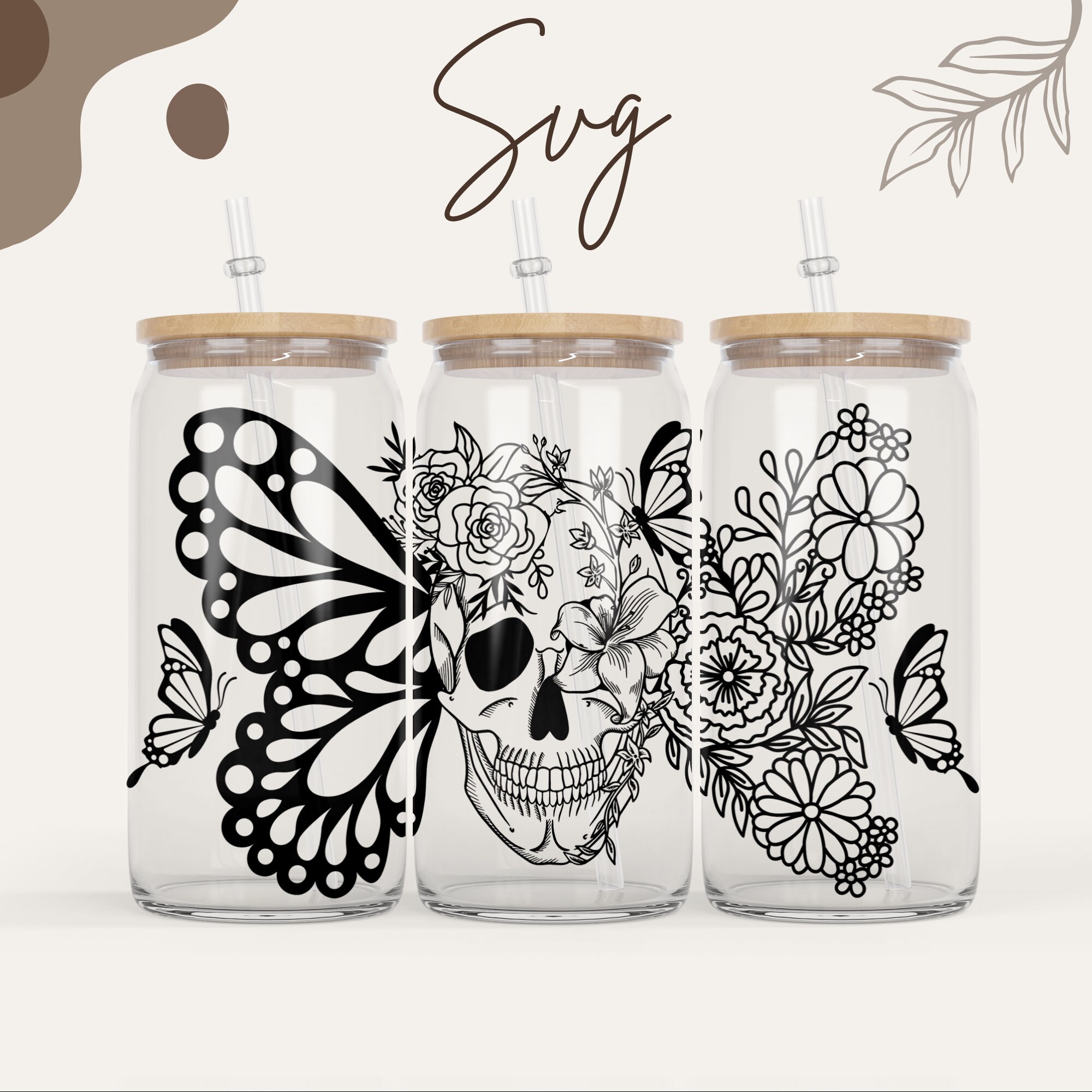 16 oz and Mug Libbey Glass Can Skull Floral with Butterfly Libbey Glass Svg ,Hallween Skull flower , Cricut Cut PNG SVG glass Silhouette