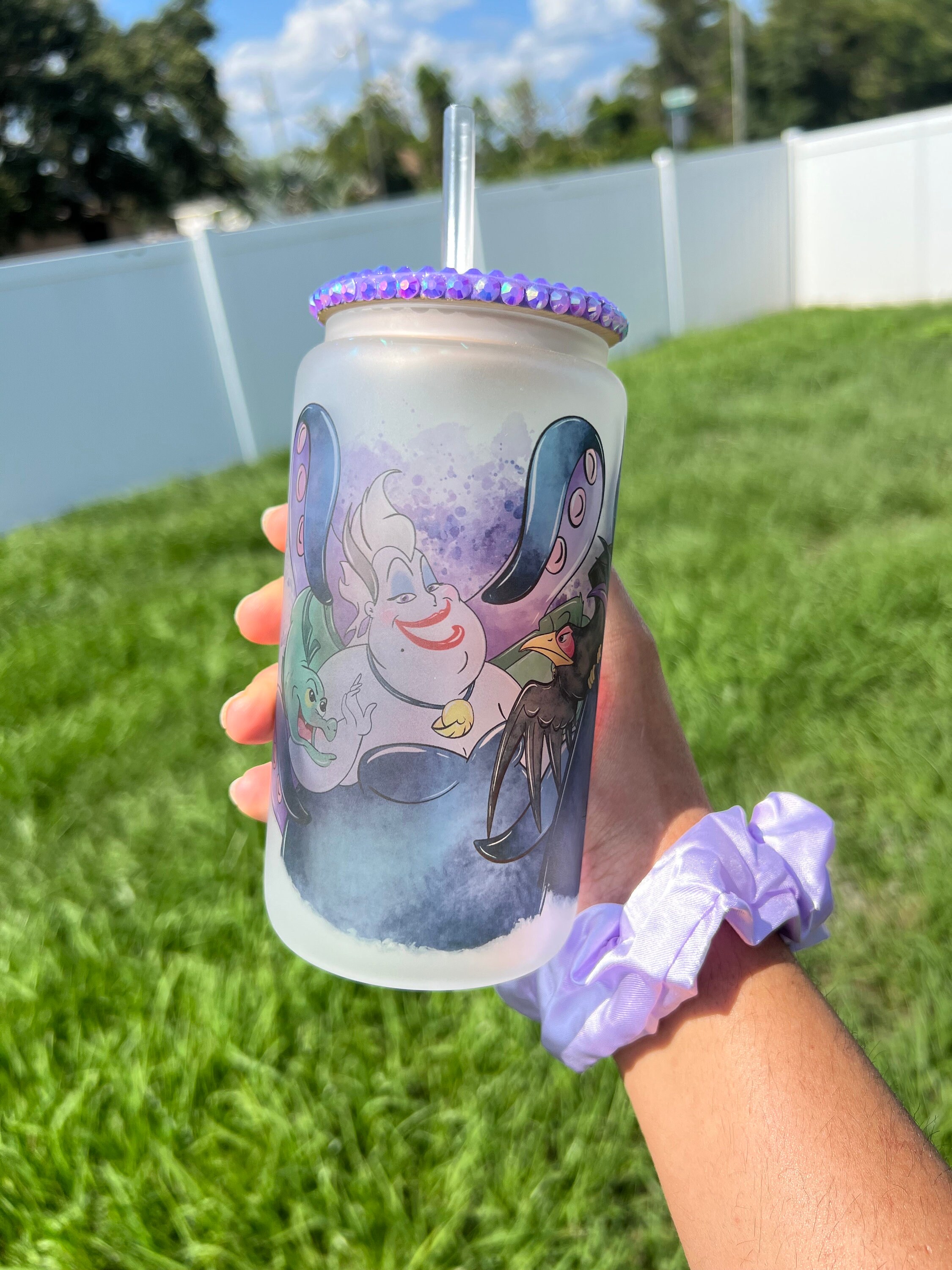 Disney inspired Villains 16 OZ Frosted Beer Can Glass Cup, Cute Disney Cups, Mean Octopus Mermaid Glass Cup, Rhinestone Lids, Cute Gifts