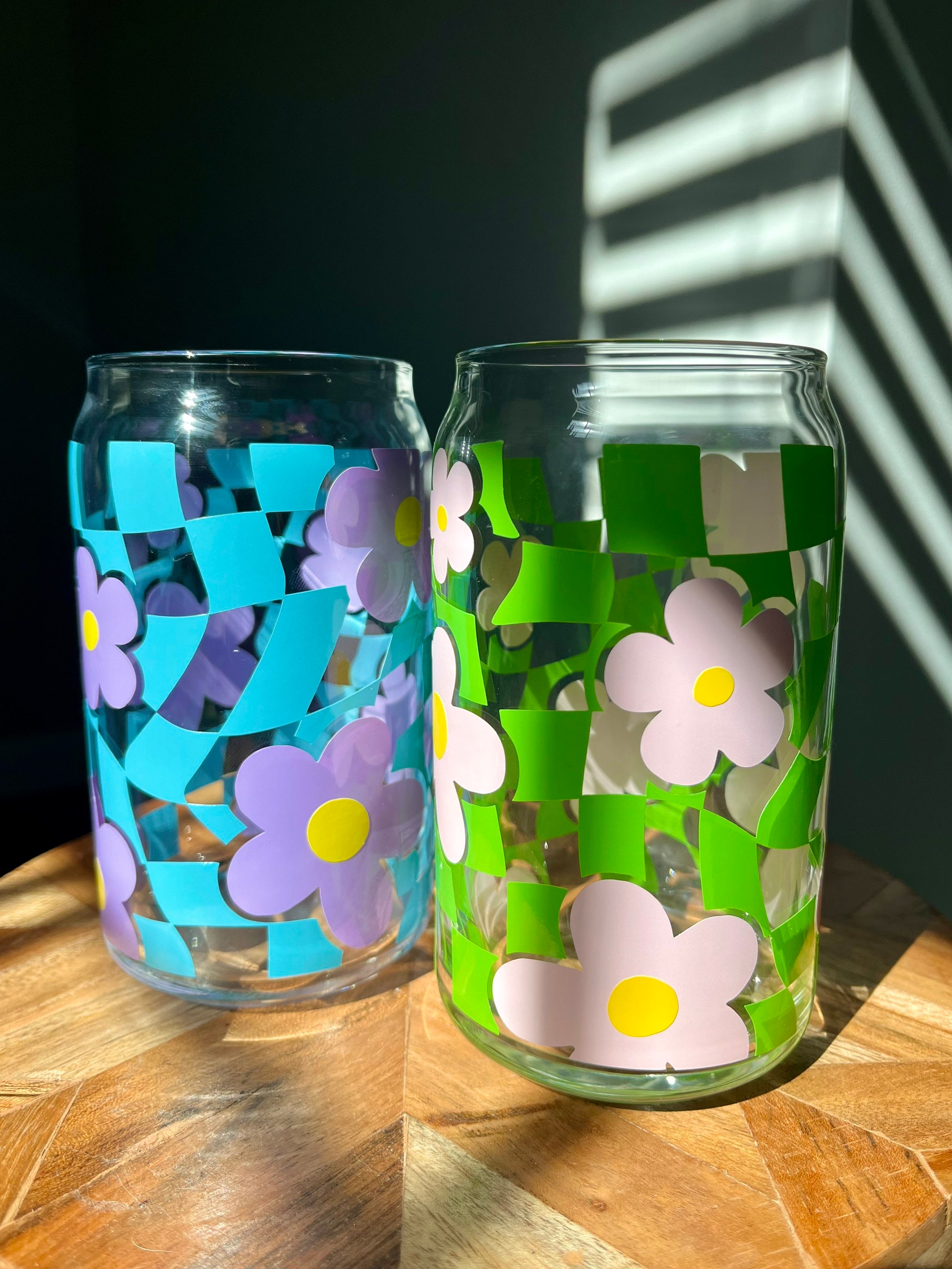 Retro checkers | retro flower | retro summer cup | iced coffee glass | glass with lid | gifts for her