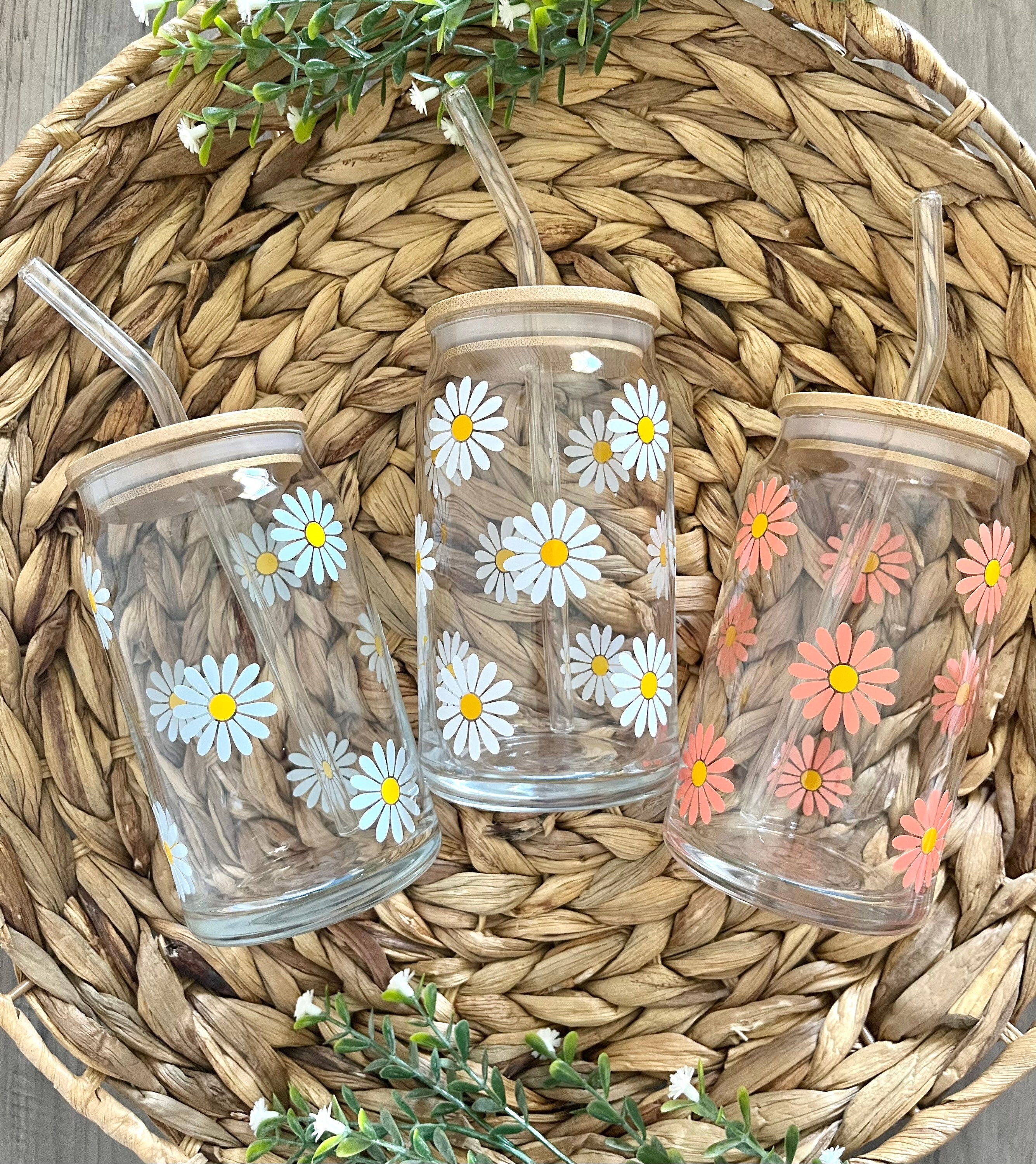 Daisy Glass Cup / Flower Glass Cup / Iced Coffee Cup / Libbey Glass Cup / Spring Cup / Cute Glass Cup / Floral Cup / Daisy Gifts / Gifts