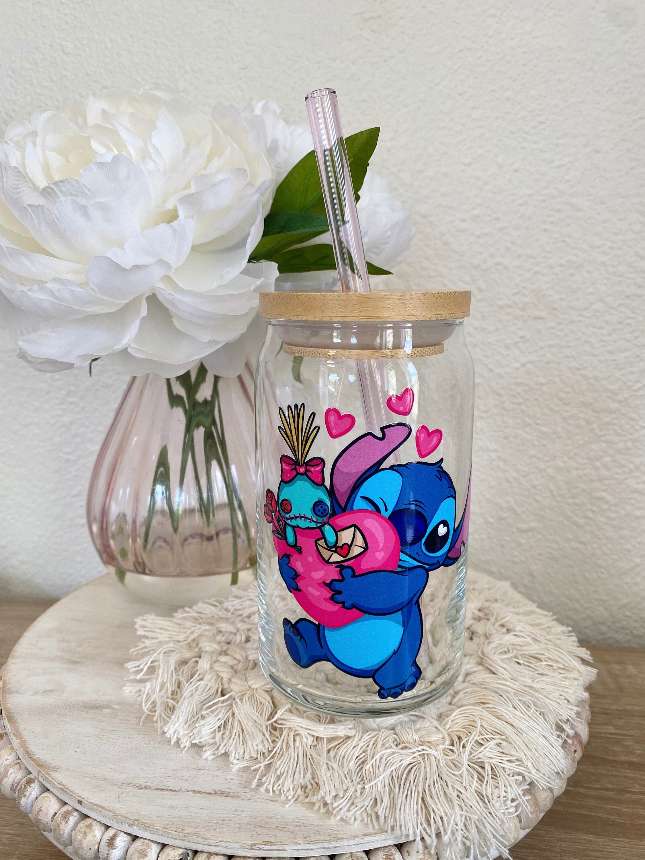 Valentines Stitch Iced Coffee Glass, Stitch Scrump Beer Can Glass, 626 Alien Glass Vday Coffee Cup, Galentines Gift, Heart Stitch Glass Cup