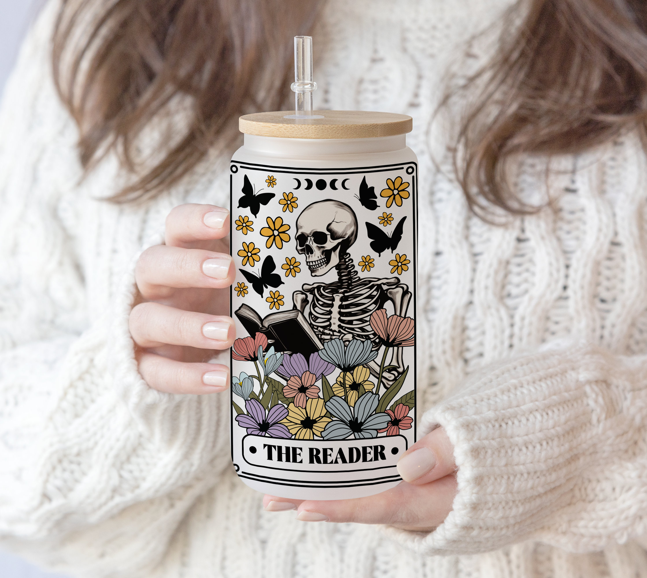 16 oz Libbey Glass Can Sublimation Skeleton Flower reading | The Reader tarot  | Book lover Booktrovert |funny book Lover Pen wrap PNG file