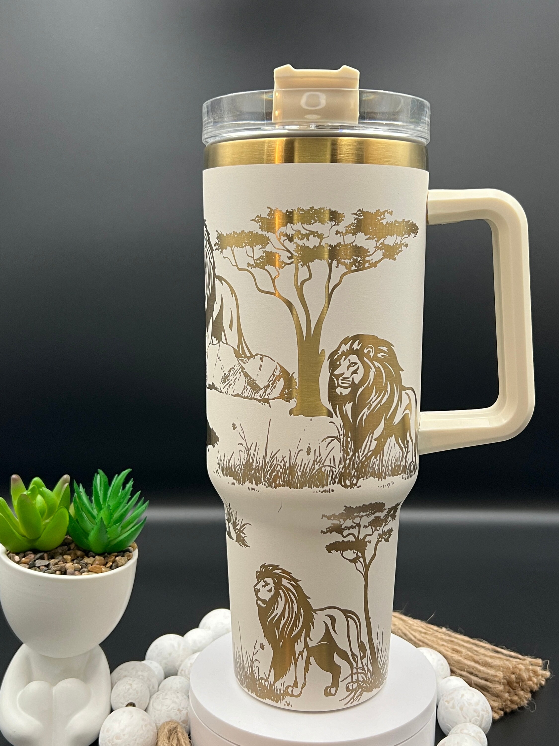 Lions Laser Engraved 40oz Tumbler with Handle Lid and Straw, Custom Engraved Seamless Tumbler, Double Wall Insulated Cup