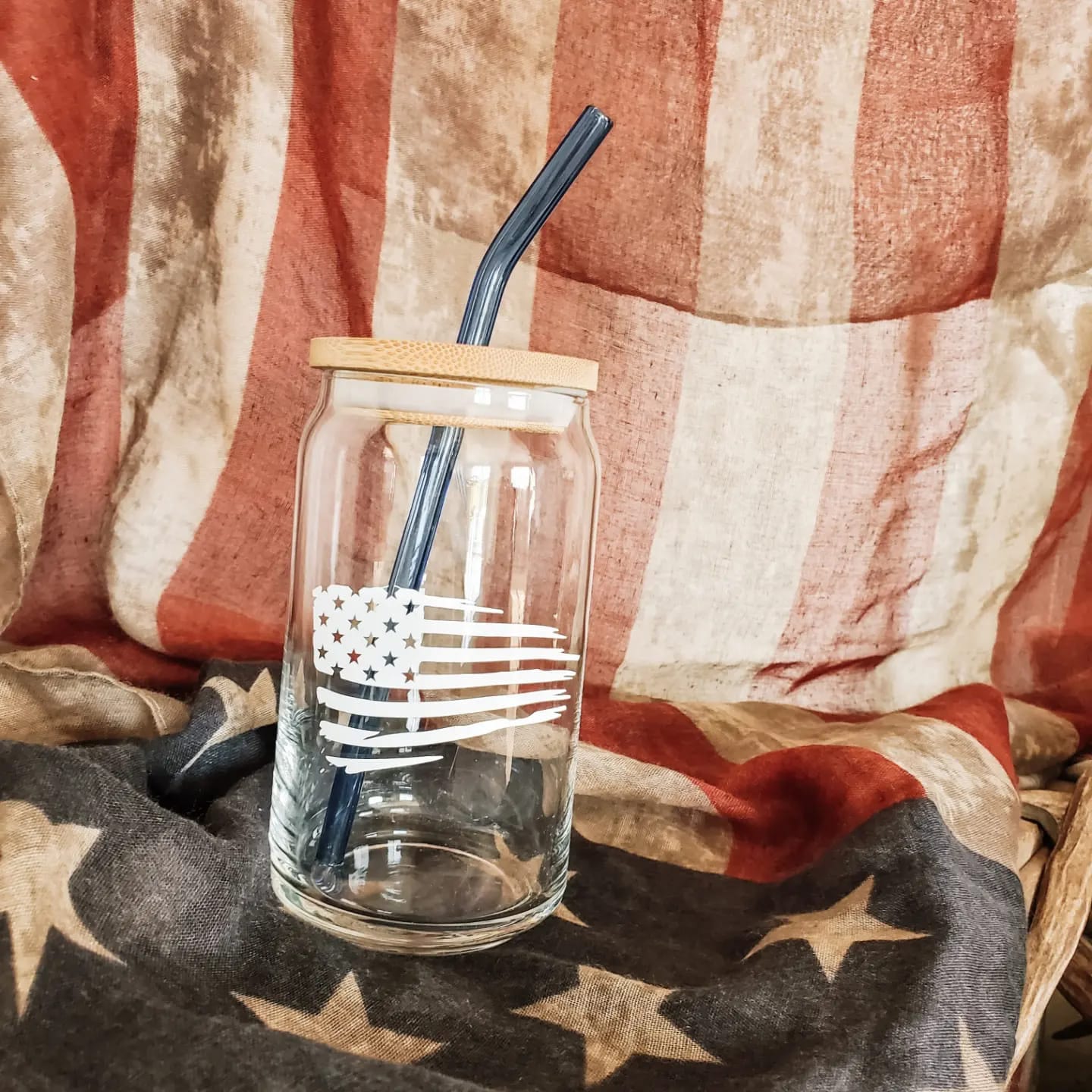 American Flag Glass Cup | American Flag Cup | Glass Cup with Bamboo Lid | Iced Coffee Glass with Straw