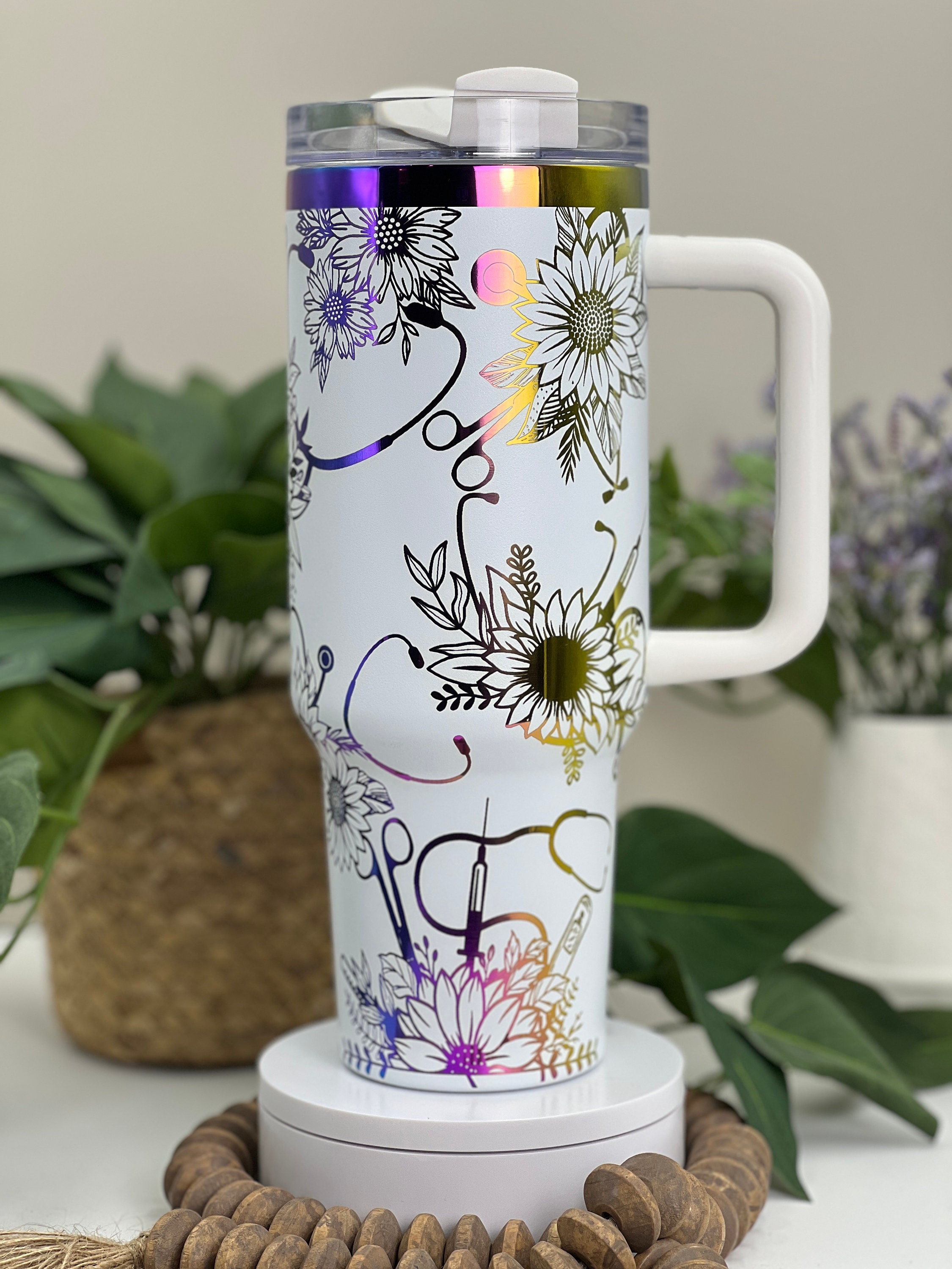 Sunflower Stethoscopes Laser Engraved 40oz Tumbler with Handle Lid & Straw, Custom Full Wrap, Seamless Design, Double Wall Insulated Cup