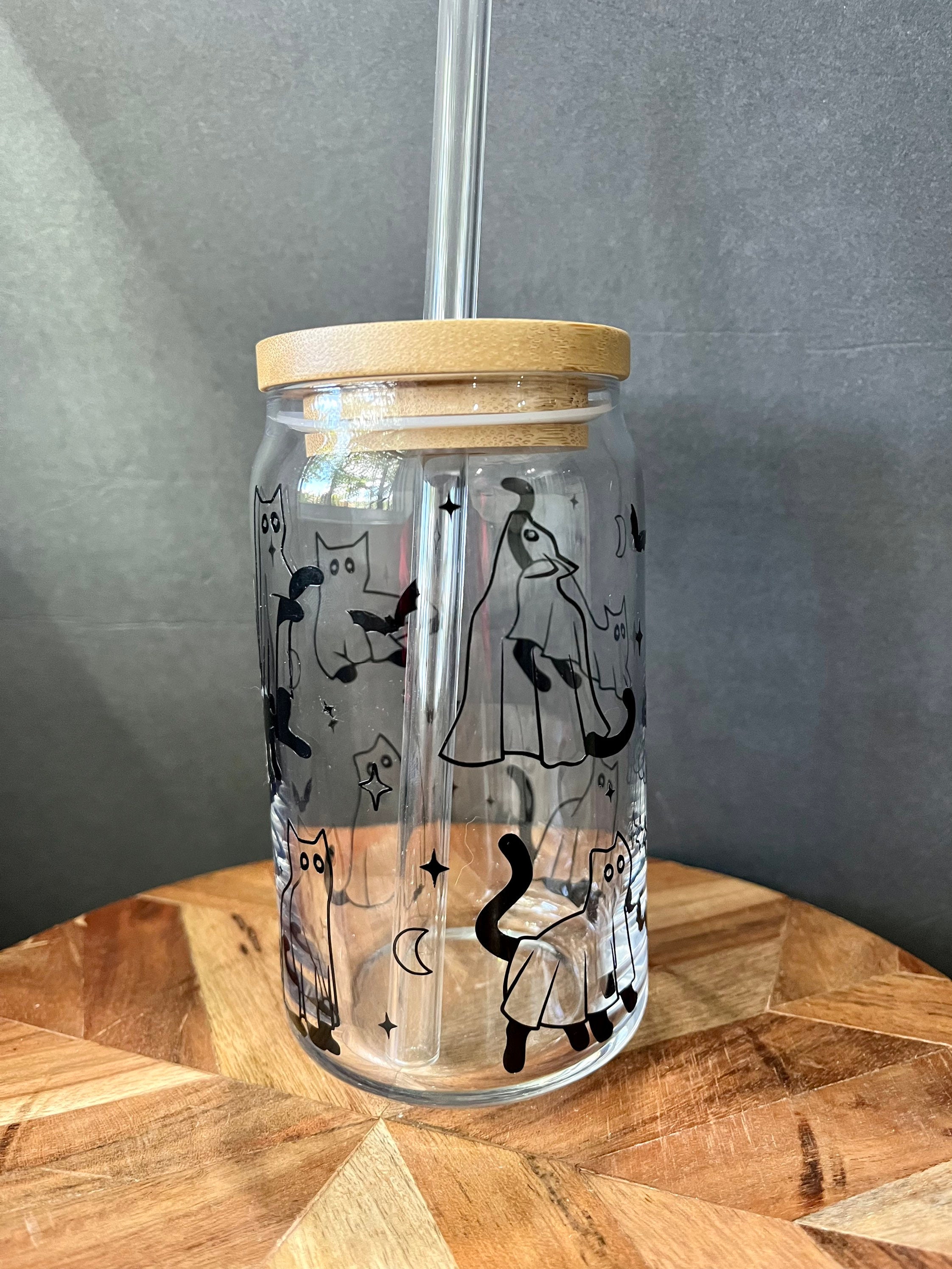 Cat Glass cup | cat ghost glass | iced coffee glass | glass with lid |  Halloween can glass | gifts for her | black cat cup