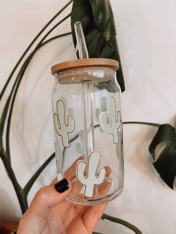 Cactus Iced Coffee Glass with Bamboo Lid Glass Tumbler