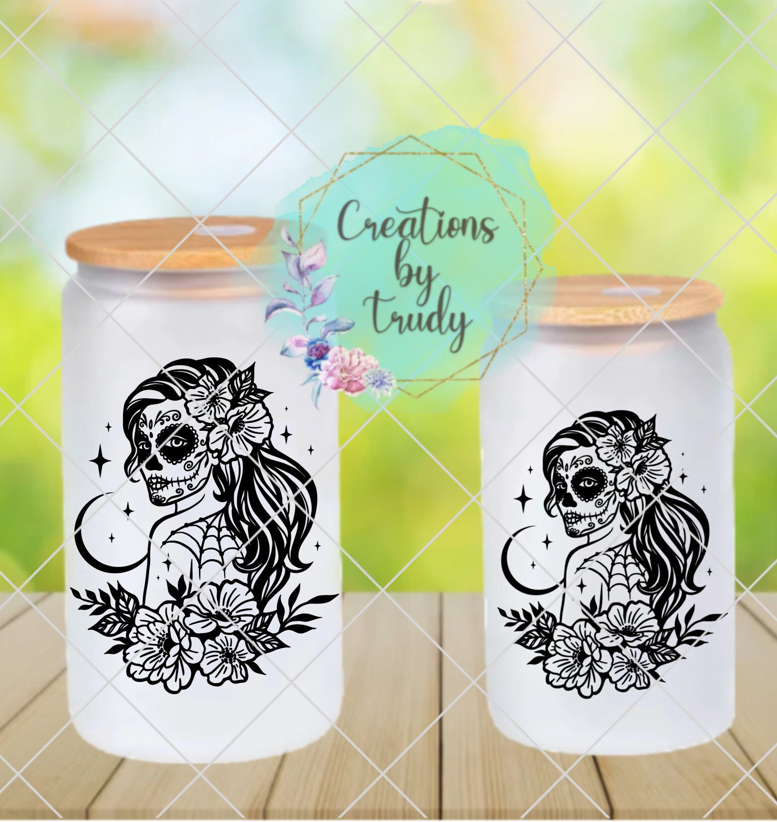 Skull night queen- frosted can shaped glass with lid and straw