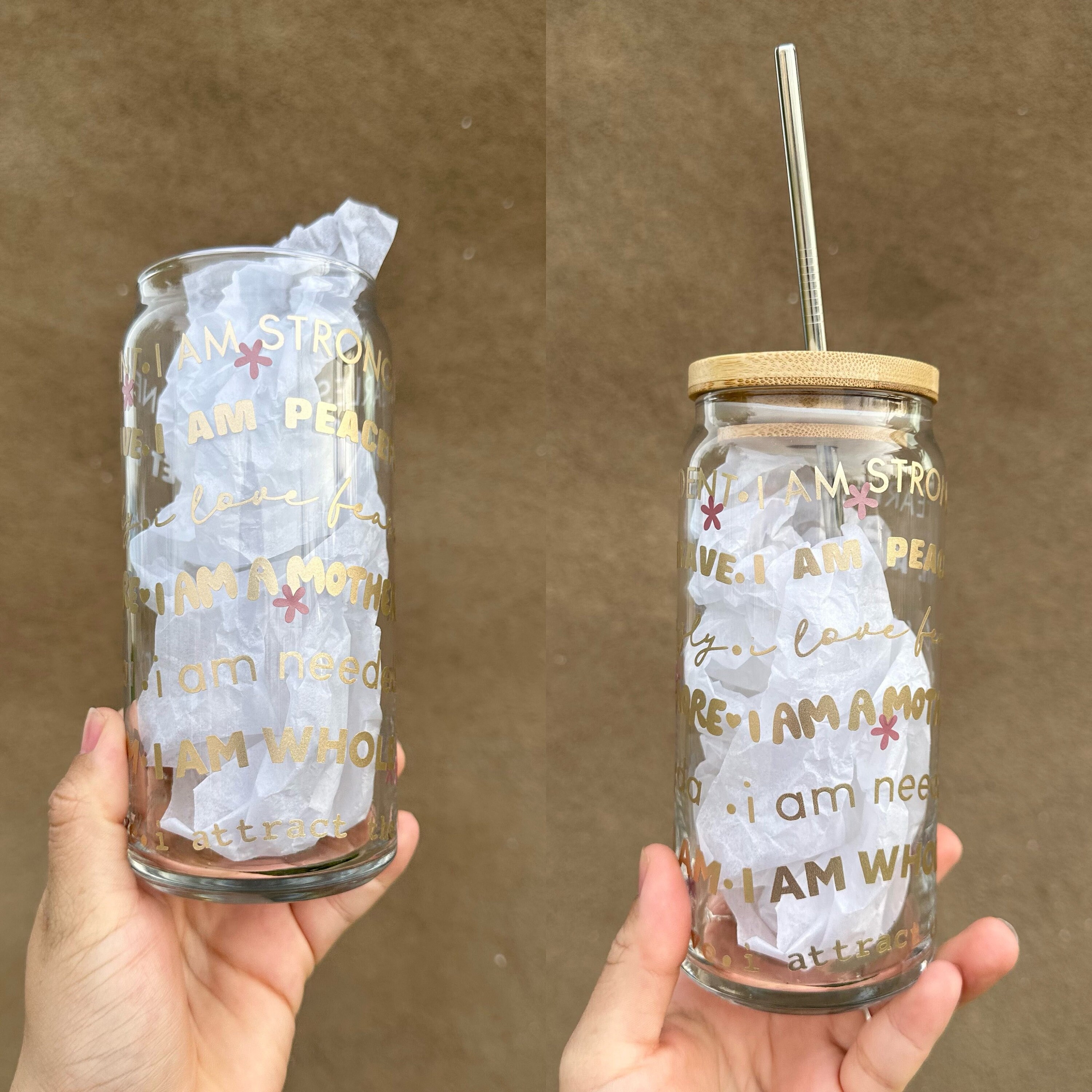 Mom Affirmation Beer Glass, mothers day Cup, Moms, mom cups, affirmations, mom gift ,Iced Coffee Glass, Glass Can, Bamboo Lid,Libbey