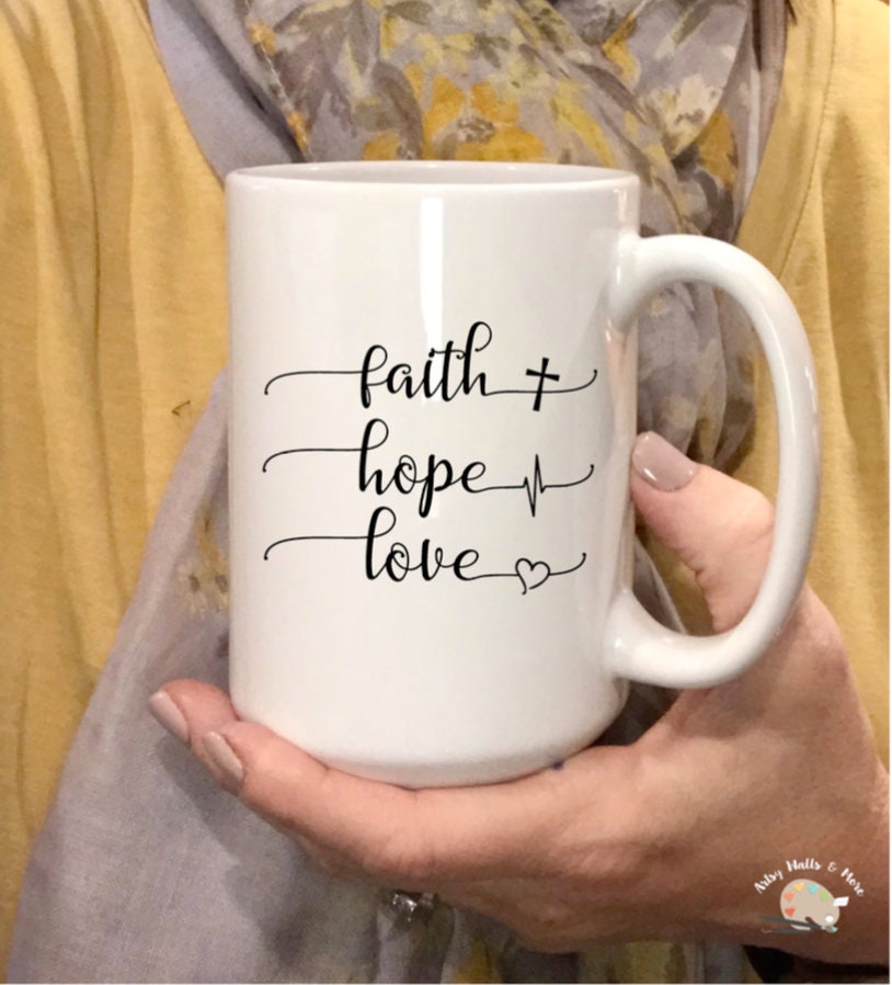 Faith Hope Love coffee cup mug with cross, heartbeat, heart symbols Christian coffee cup, faith gift, Christian gift, girlfriend gift