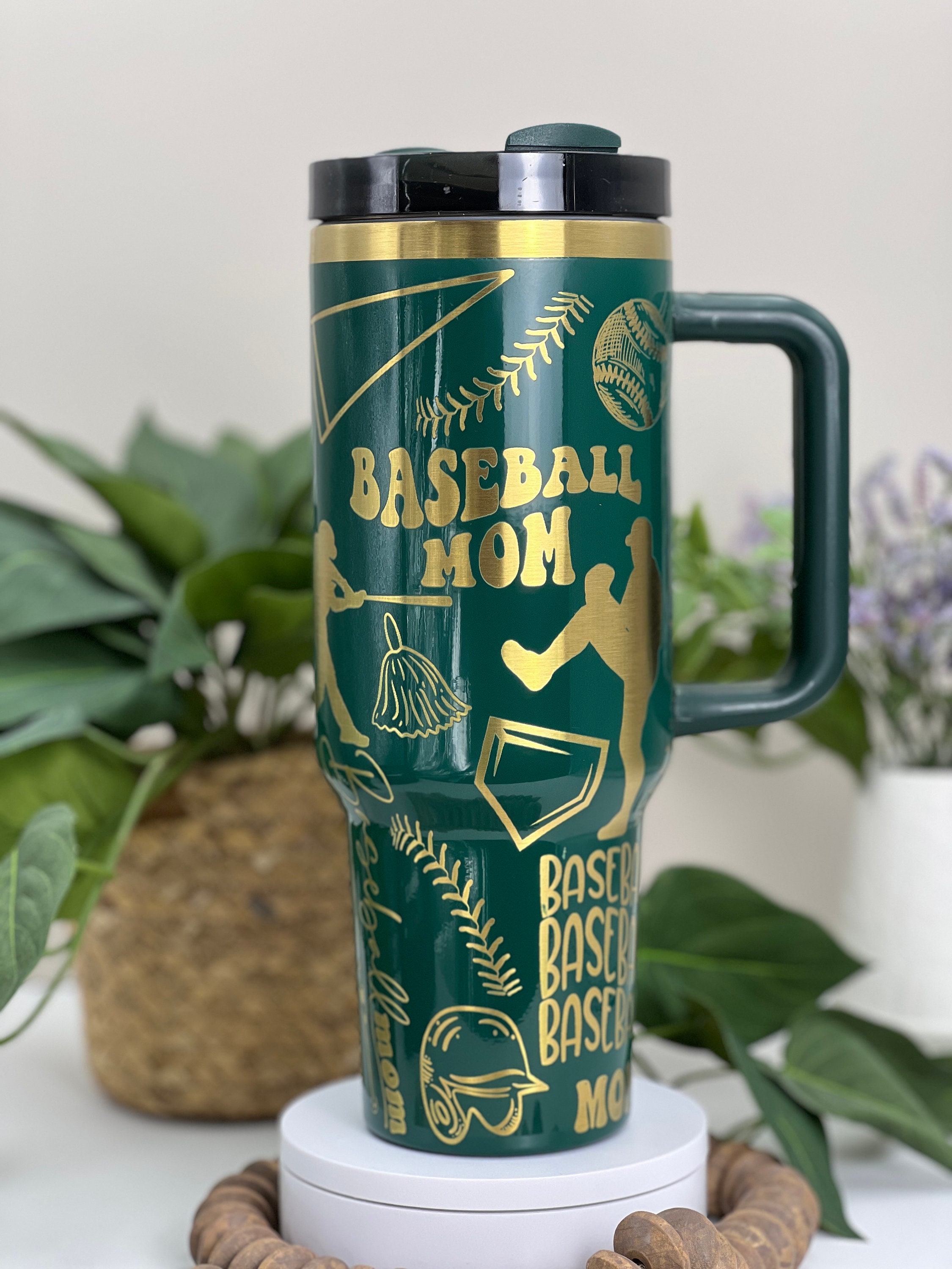 Baseball Mom Laser Engraved 40oz Tumbler with Handle Lid and Straw, Custom Engraved Seamless Tumbler, Double Wall Insulated Cup