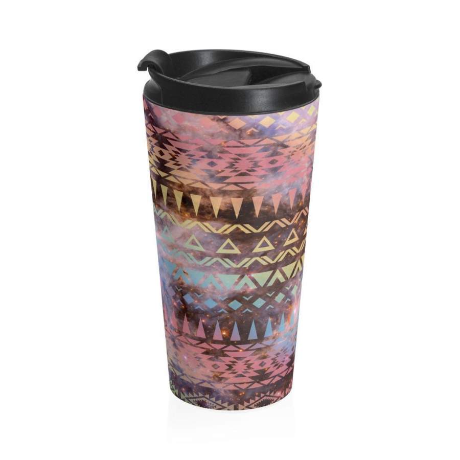 Stainless Steel Travel Mug, Galaxy Boho Bohemian Hippie Travel Mug, Aztec Tribal Print Cup, 15 Ounce Tumbler, 15oz Coffee Tea Drinkware