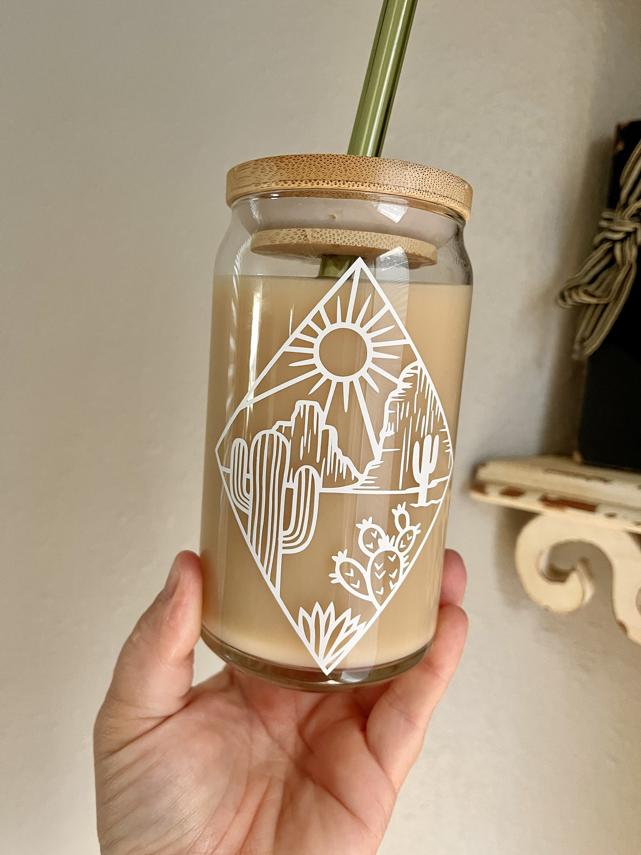 Beer Can Glass | personalized gifts | customized gifts | Best Friend gifts | cactus | coffee glass | iced coffee glass | desert scene