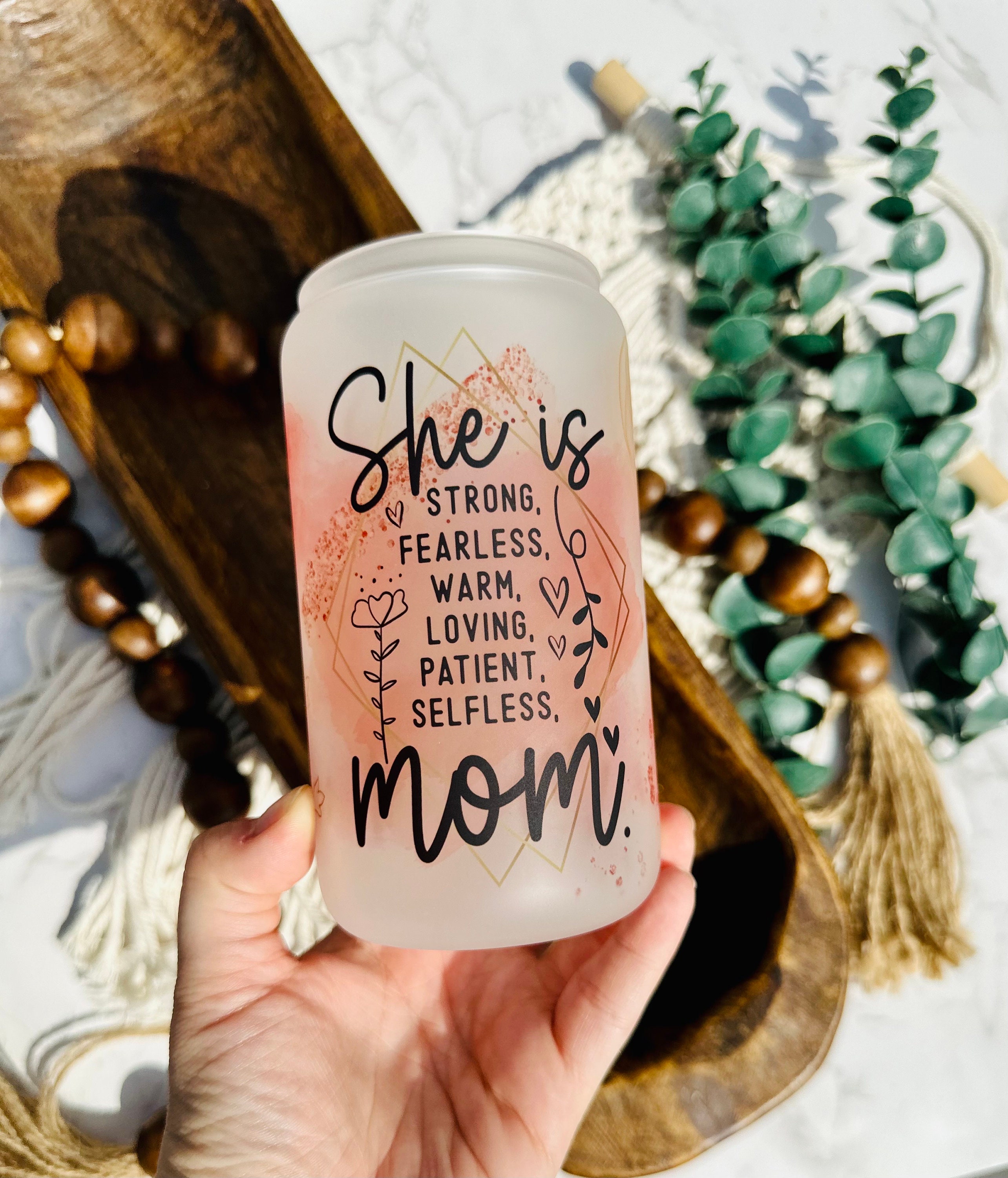 MOM frosted beer can glass, affirmation cup, sublimation glass, bamboo lid and straw, libbey glass, coffee glass, iced coffee glass