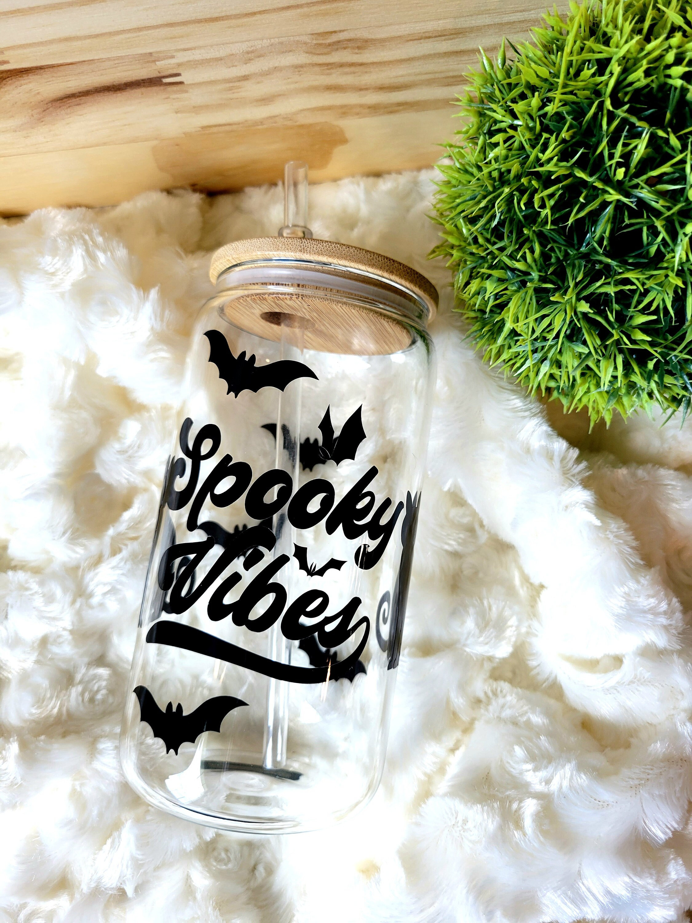 SPOOKY VIBES GLASS, Bamboo Lid and Straw, Aesthetic High Quality Permanent Vinyl Halloween Spooky Season Print Cold Coffee Can Glass Cup