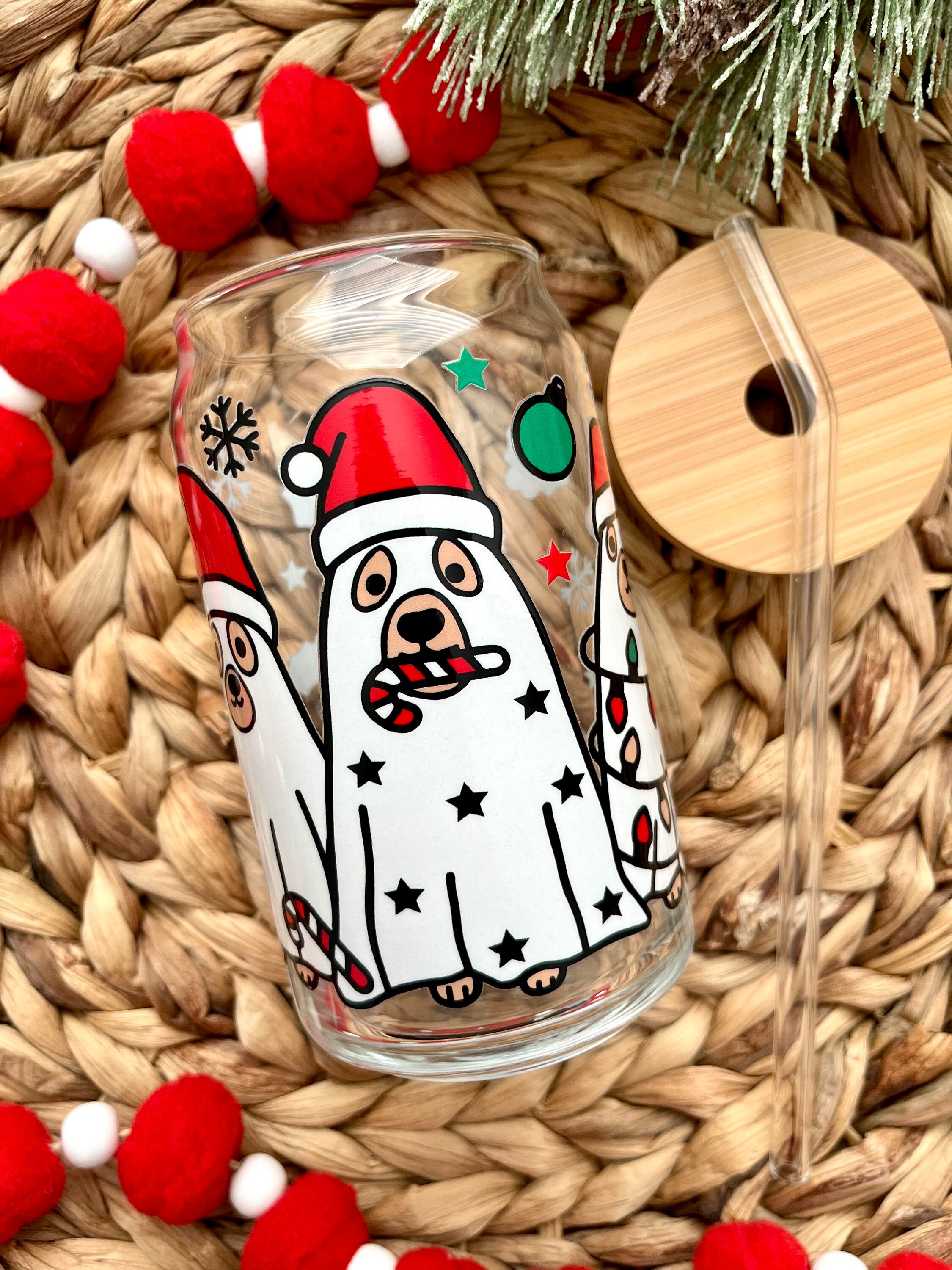 Dog Christmas Ghosts Glass Cup / Dog Mama Glass Cup / Iced Coffee Glass / Pet Lover Gifts/ Pet Gifts / Dog Coffee Cup