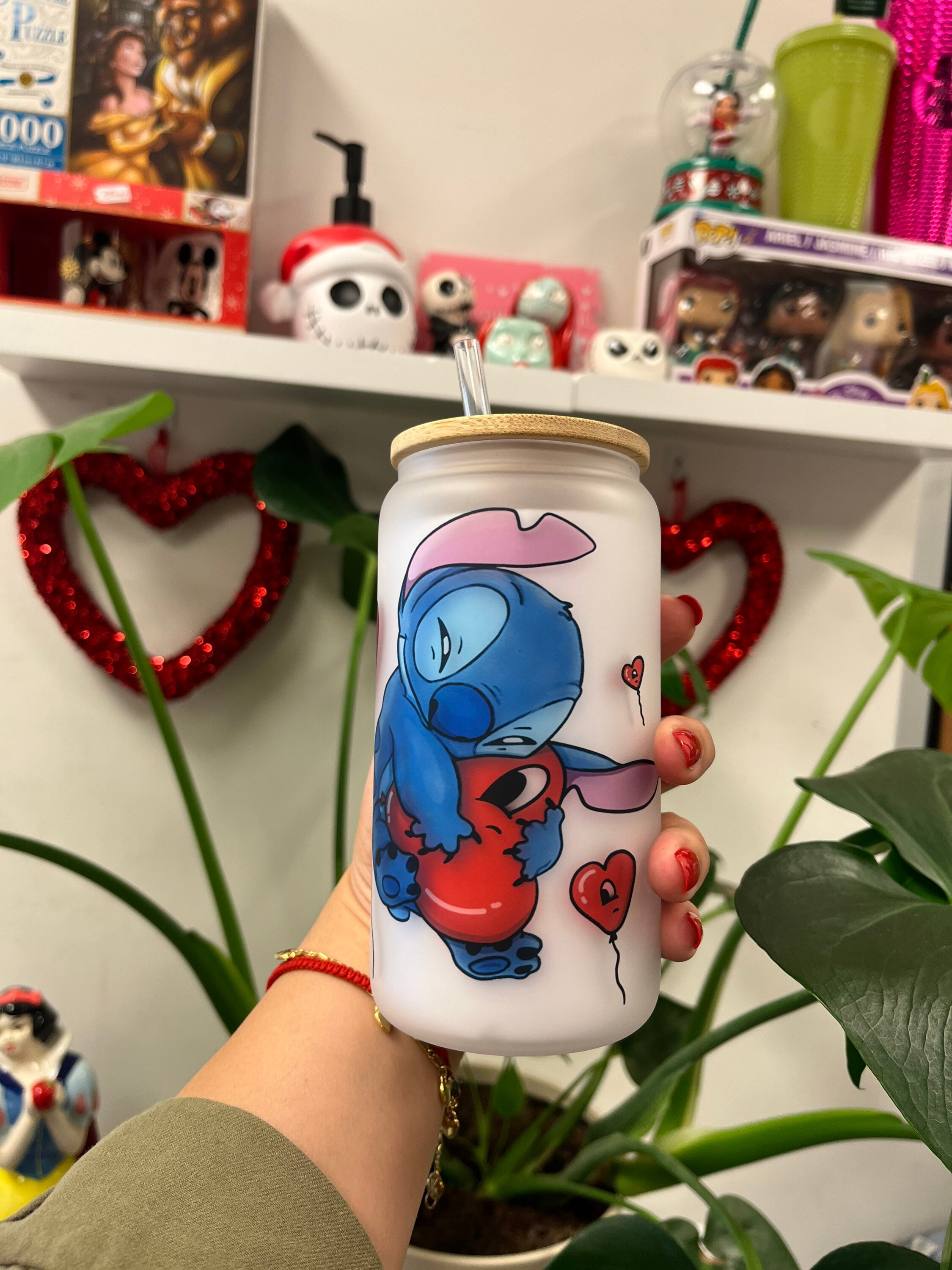 Stitch & Benito frosted glass can, custom glass can, Valentines glass can