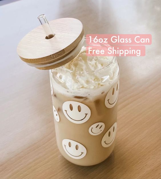 Happy Face Beer Can Glass, Happy Face Glass Can, Iced Coffee Cup, Soda Glass Can, Happy Face Beer Can Glass Tumbler