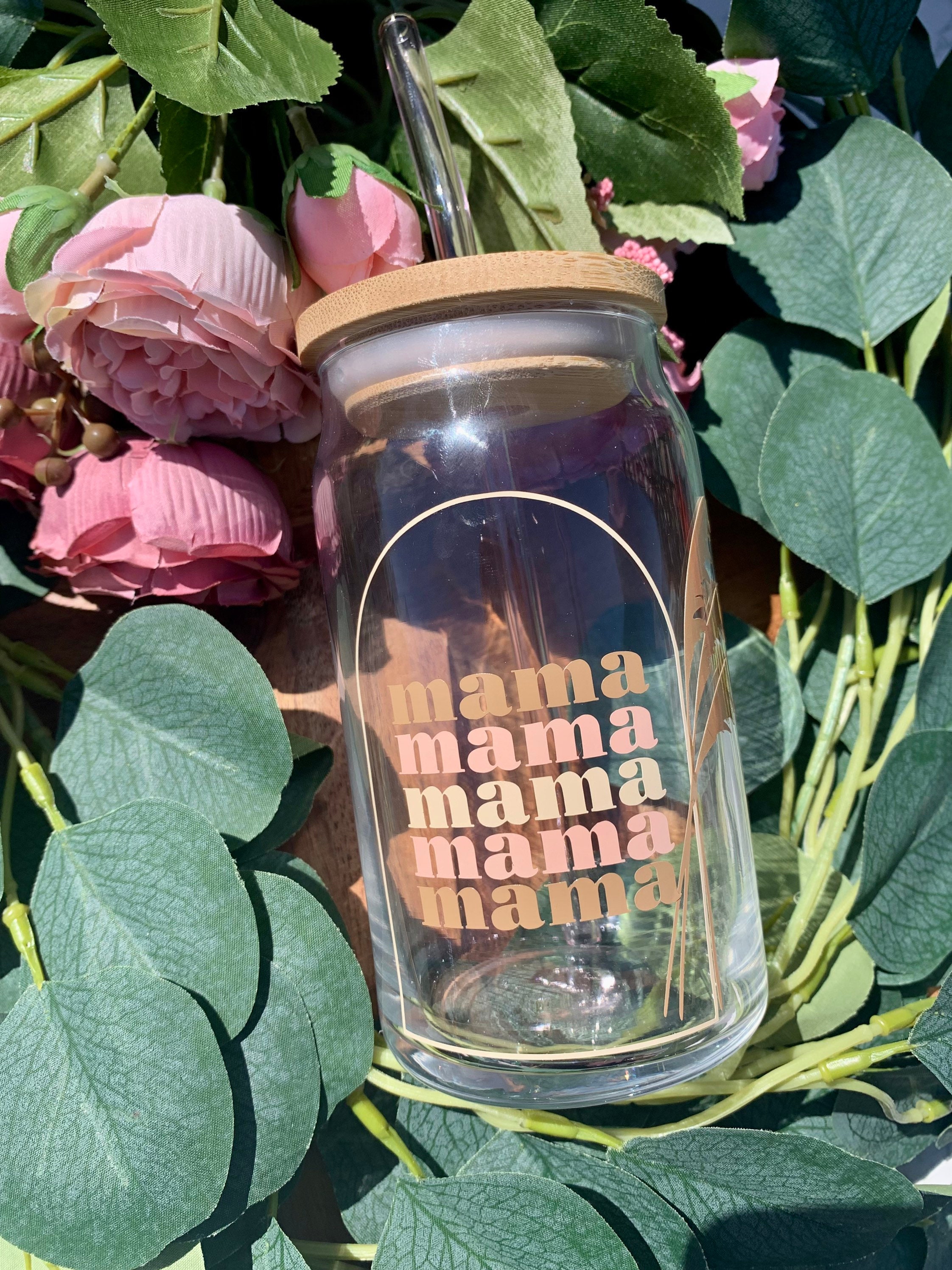 Mama Beer can glass, beer can glass, Beer glass, libbey glass, coffee glass, engraved bamboo lid and glass straw iced coffee glass