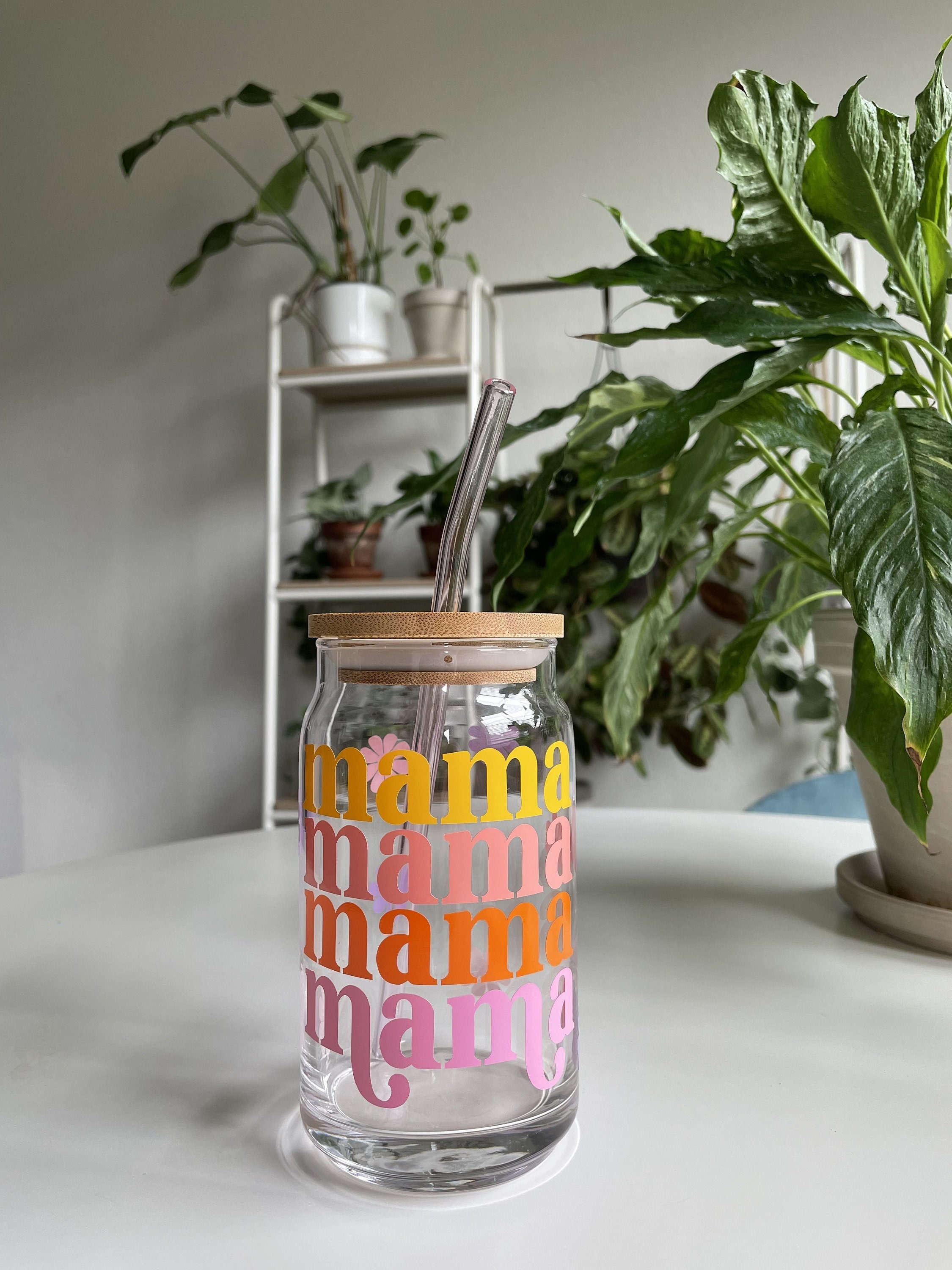 Mama Iced Coffee Cup, Mama Iced Coffee Glass, Colorful Iced Coffee Cup for Mom, Matcha Glass Cup, Reusable Cup with Lid and Straw