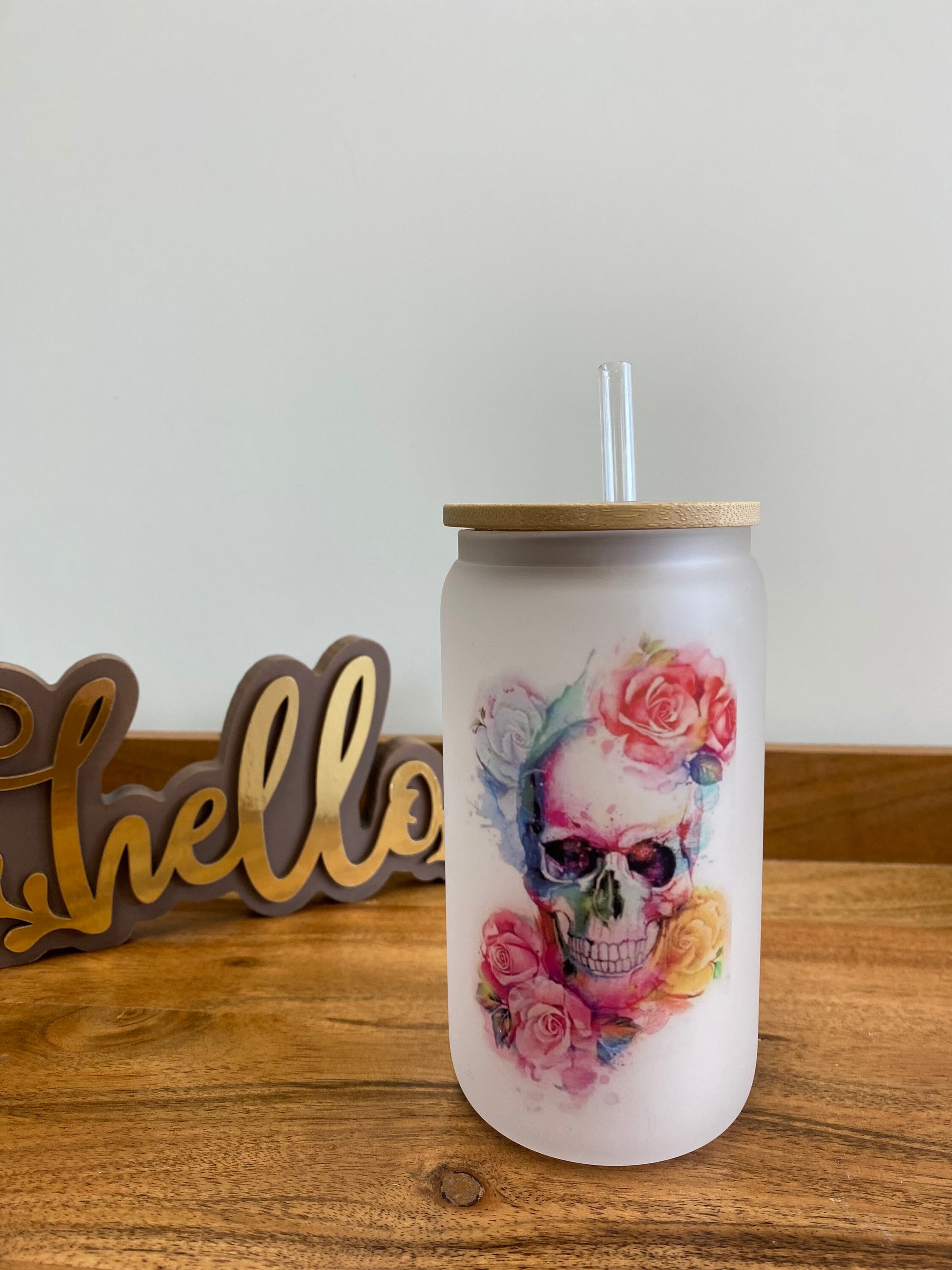 Colorful floral skull- frosted can shaped glass with lid and straw