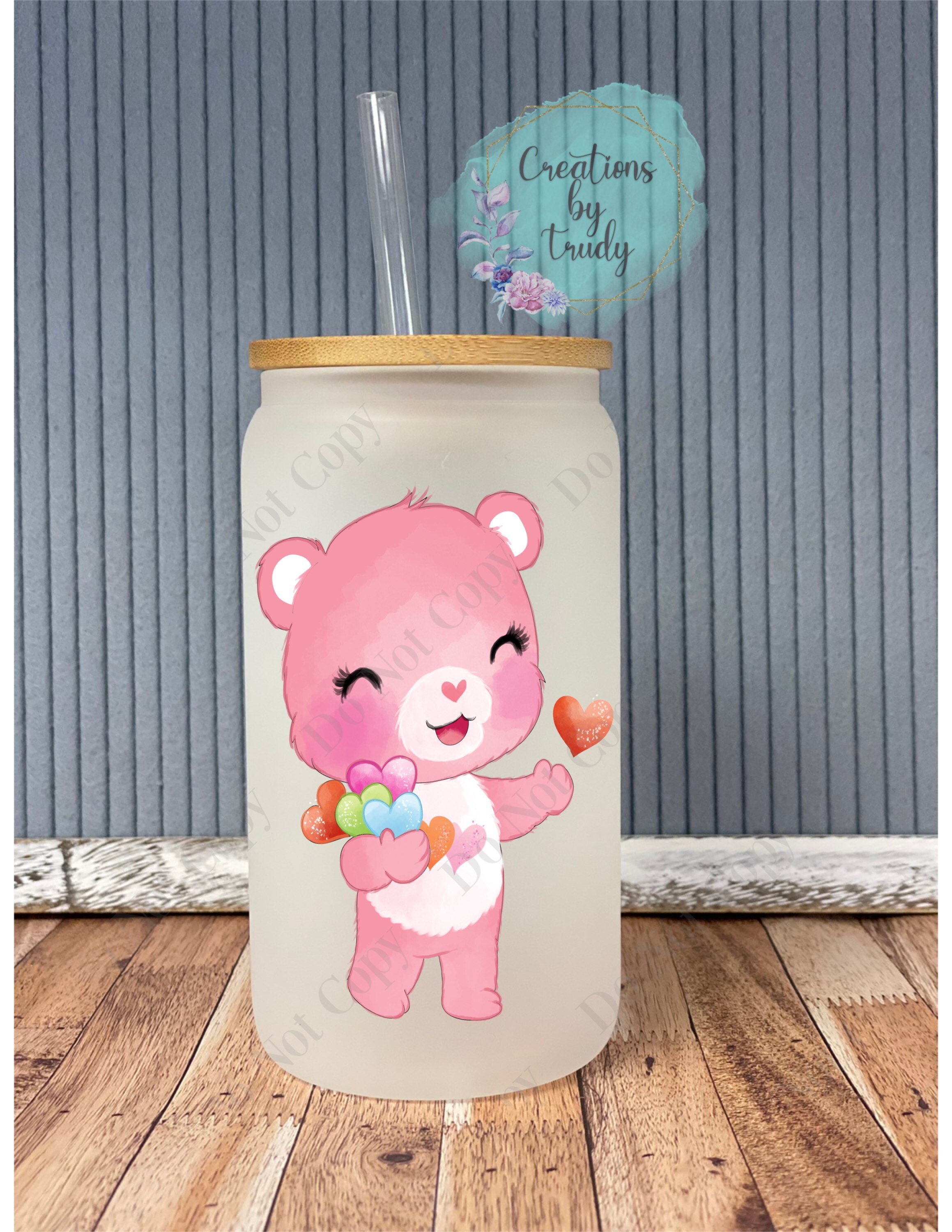 Bear with hearts- frosted can shaped glass with lid and straw