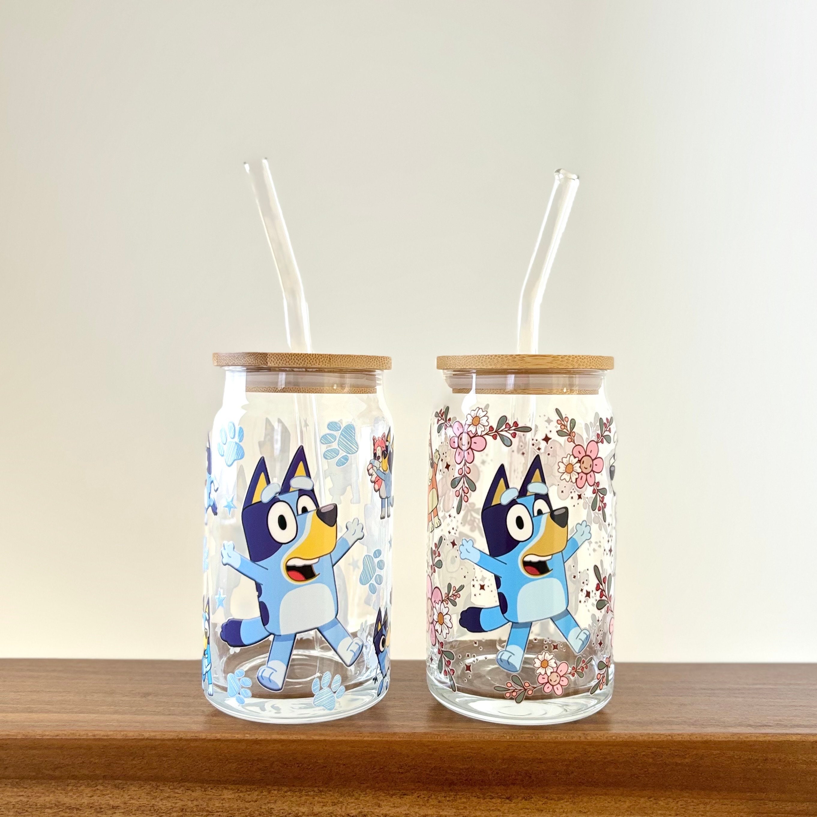 Bluey and Friends Iced Coffee Cup 16oz Glass Soda Can Cup w/ Bamboo Top Glass Libby Cup