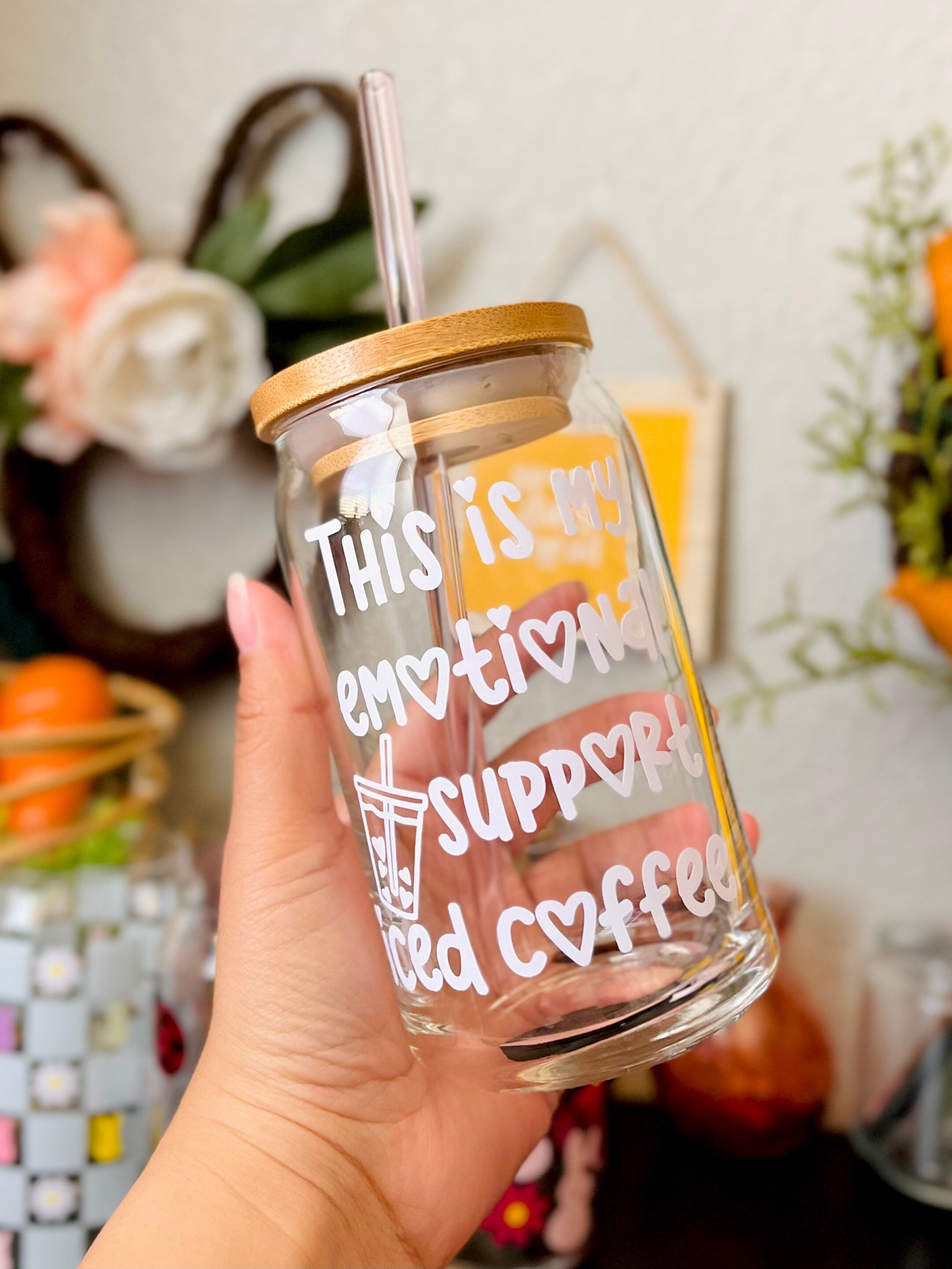 This Is My Emotional Support Iced Coffee 16 oz Beer Can Glass | Spring Cup | Self Love | Smoothie |Boho | Gift | Mom | Flowers Mental Health