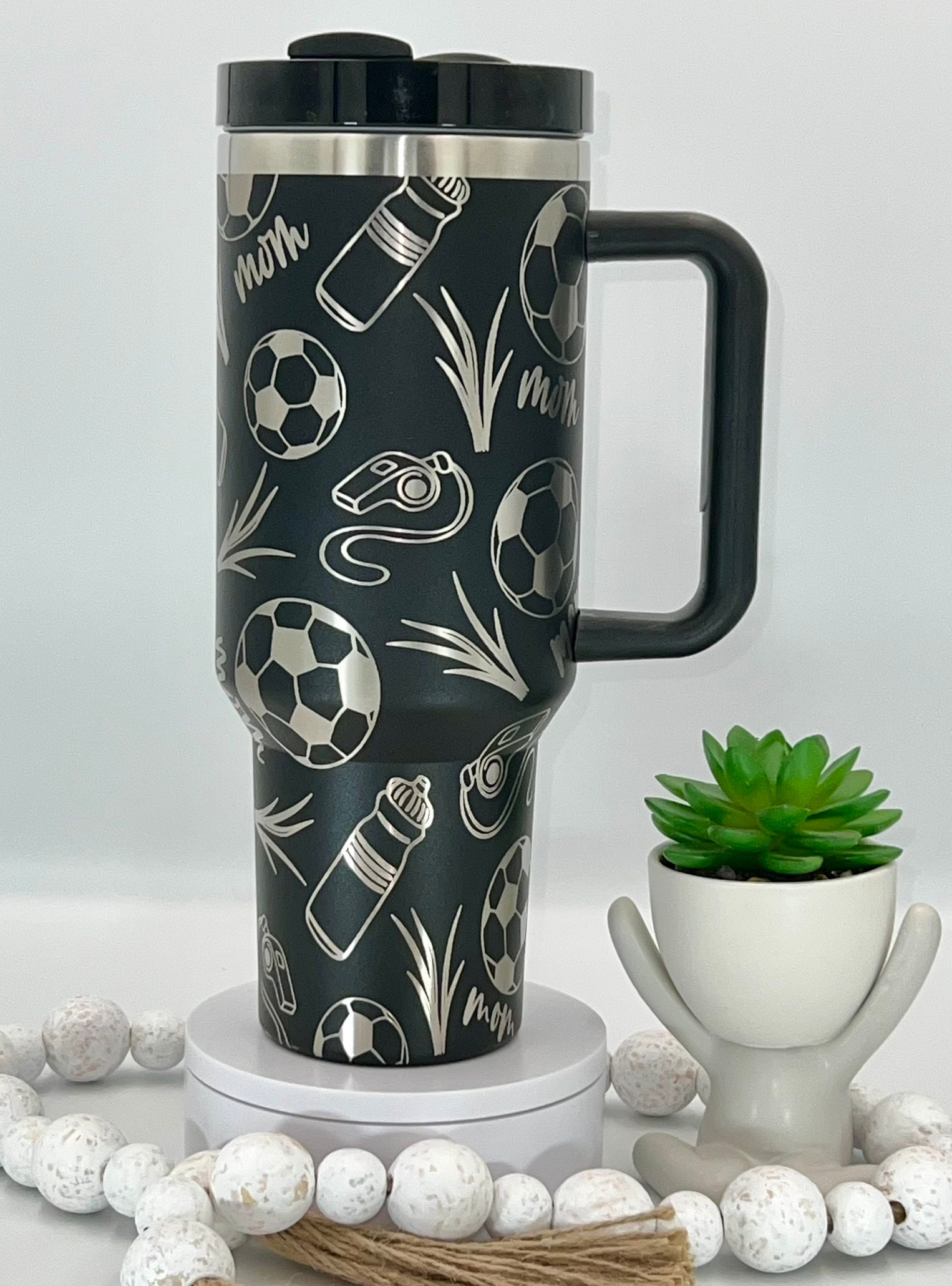 Soccer Mom Laser Engraved 40oz Tumbler with Handle Lid and Straw, Custom Engraved Seamless Tumbler, Double Wall Insulated Cup