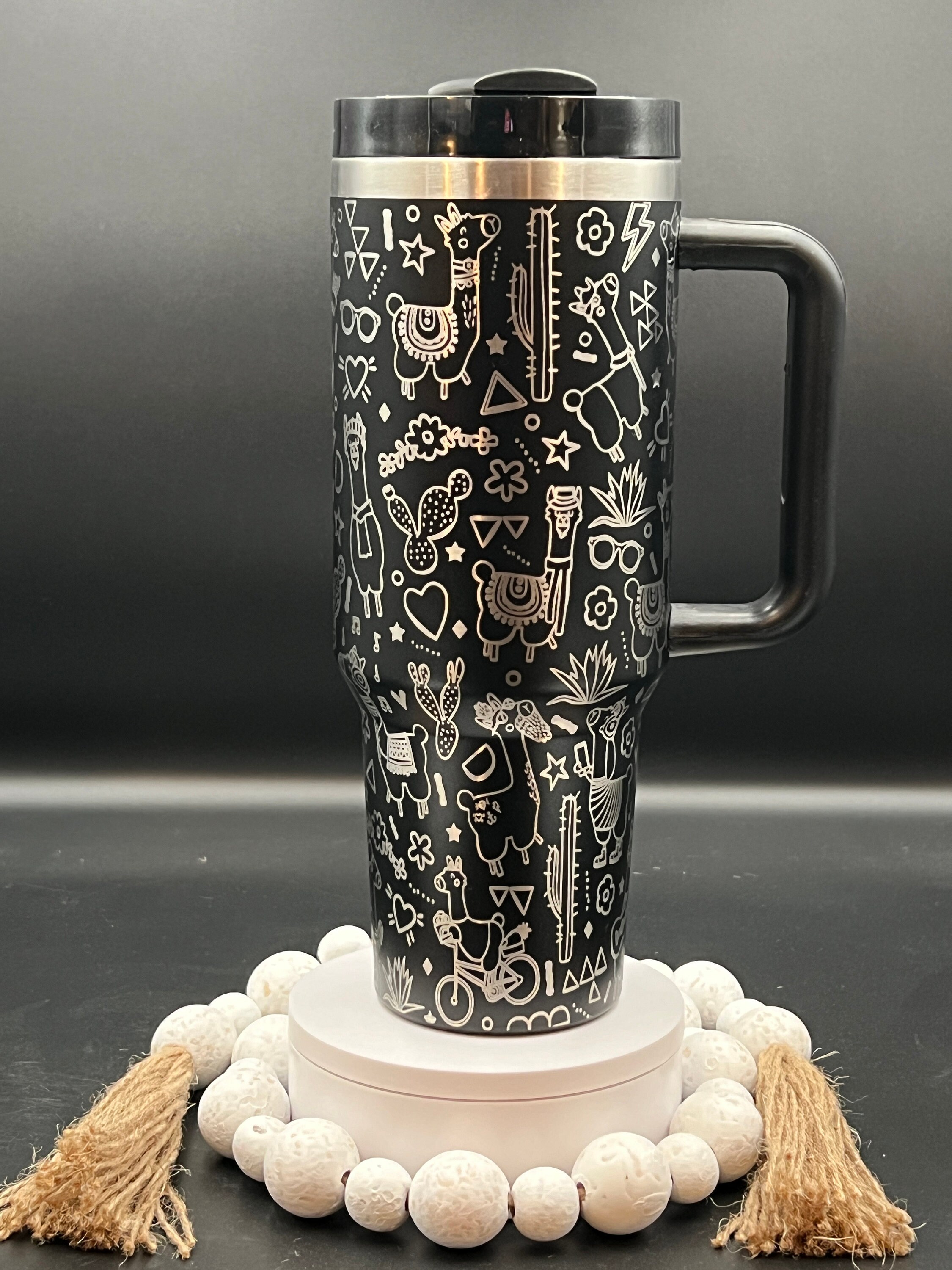 Llamas Doodles Laser Engraved 40oz Tumbler with Handle Lid and Straw, Custom Engraved Seamless Tumbler, Double Wall Insulated Cup